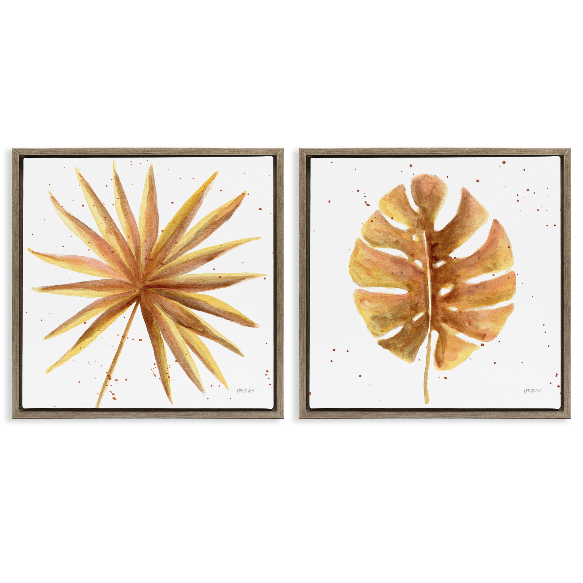 Stupell Industries Golden Palm Monstera Leaves Plants & Flowers Painting Brown Floater Framed Canvas Art Print Wall Art, 18 x 18, Set of 2
