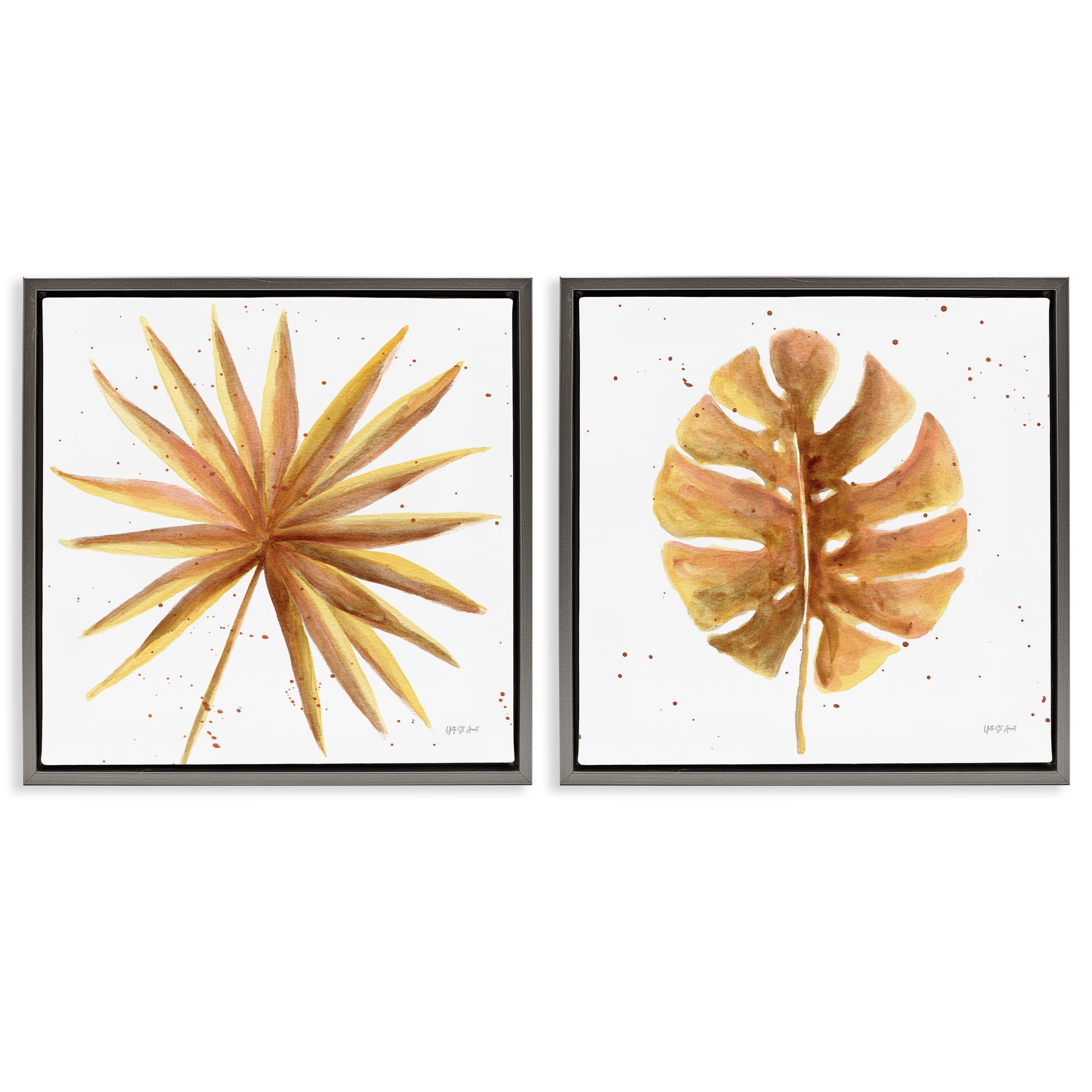 Stupell Industries Golden Palm Monstera Leaves Plants & Flowers Painting Gray Floater Framed Canvas Art Print Wall Art, 18 x 18, Set of 2