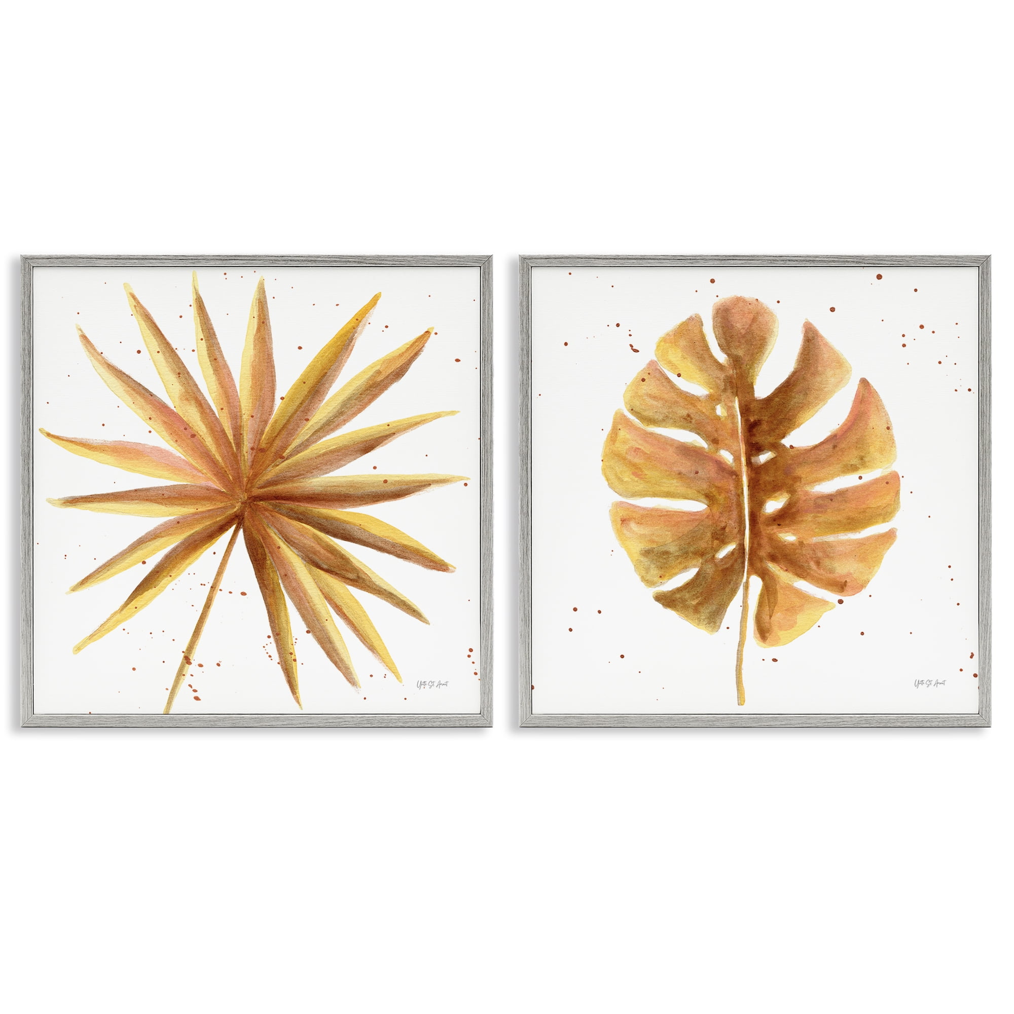Stupell Industries Golden Palm Monstera Leaves Plants & Flowers Painting Gray Framed Art Print Wall Art, 17 x 17, Set of 2