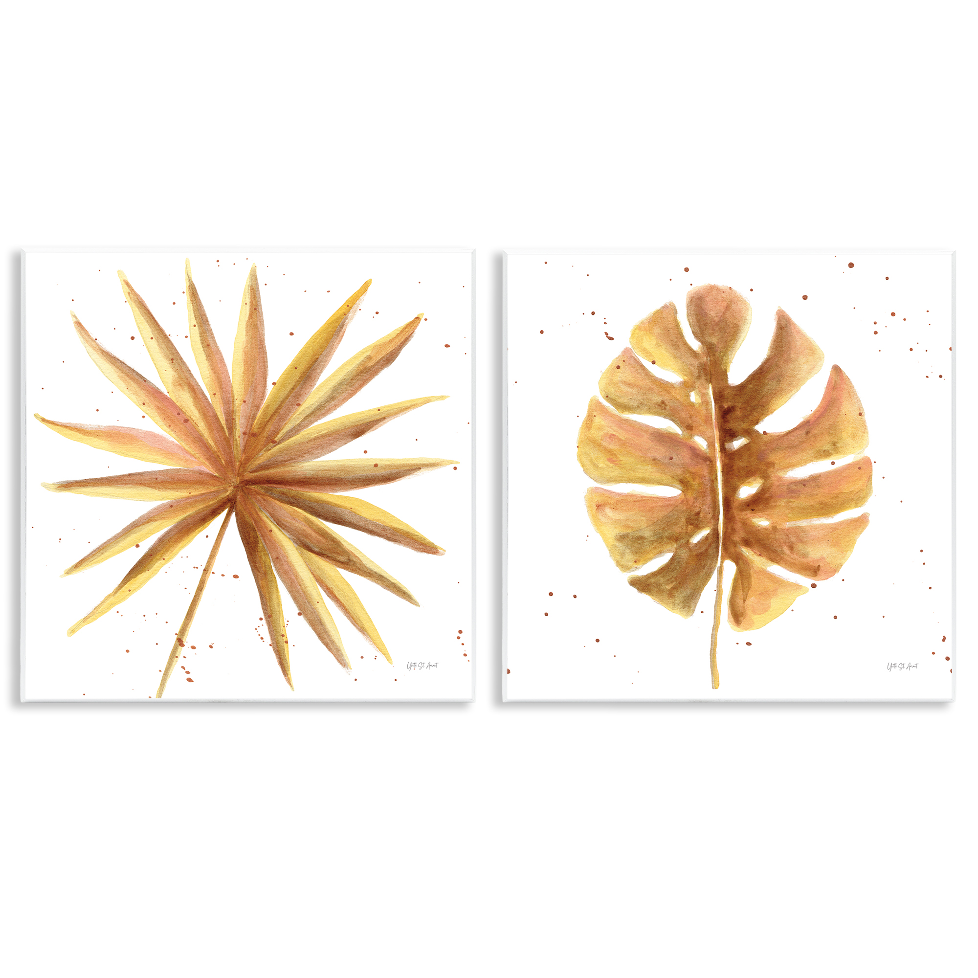 Stupell Industries Golden Palm Monstera Leaves Plants & Flowers Painting Unframed Art Print Wall Art, 12 x 12, Set of 2