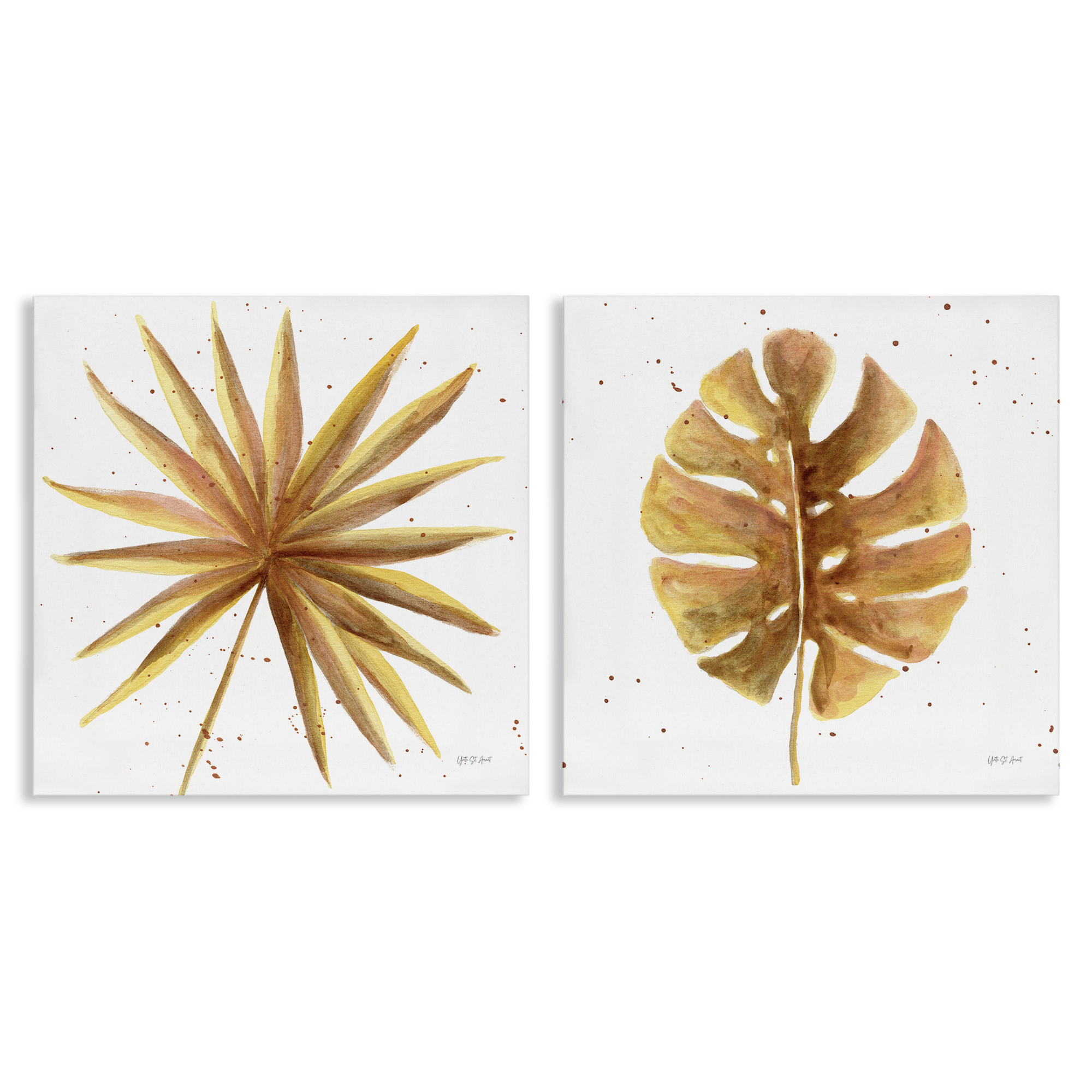 Stupell Industries Golden Palm Monstera Leaves Plants & Flowers Painting Wrapped Canvas Art Print Wall Art, 17 x 17, Set of 2