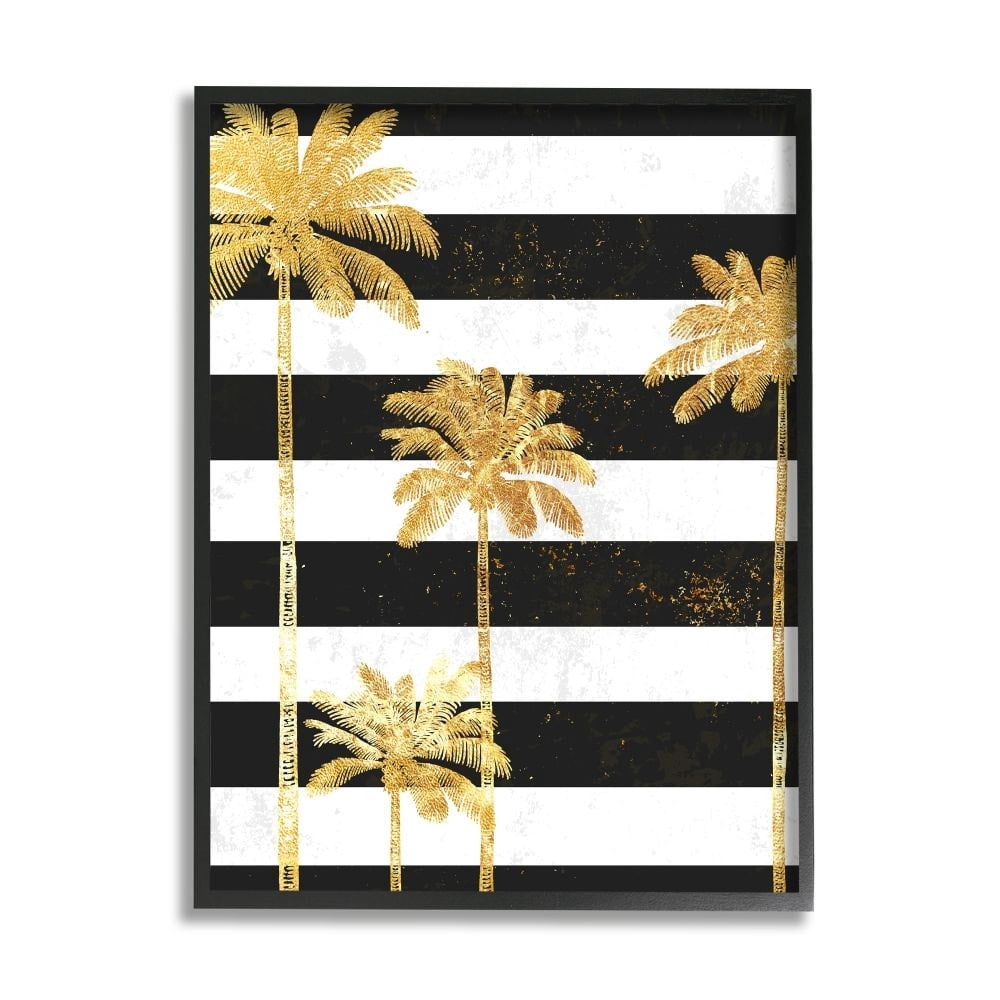 Stupell Industries Golden Palm Trees Bold Black White Stripes Black Framed by Ziwei Li