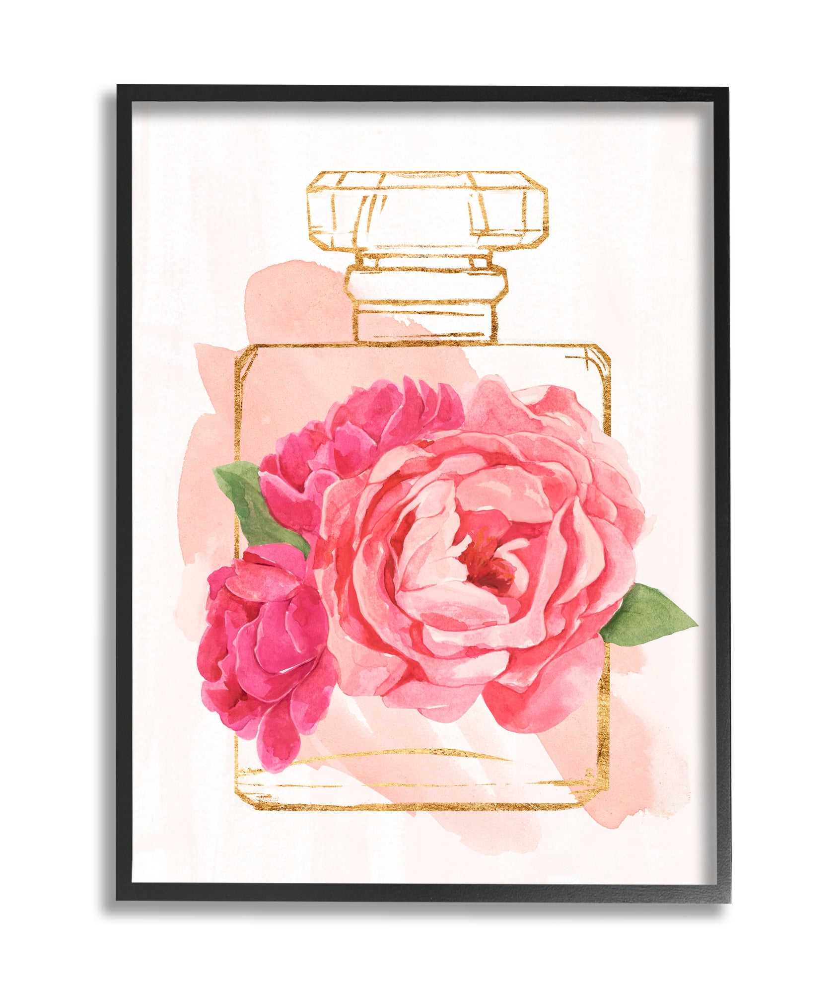 Stupell Industries Golden Perfume Bottle Glam Pink Floral Bloom Black Framed, 16 x 20, Design by Annie Warren