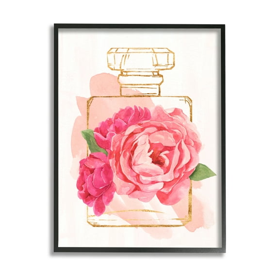 Stupell Industries Golden Perfume Bottle Glam Pink Floral Bloom Black Framed, 24 x 30, Design by Annie Warren