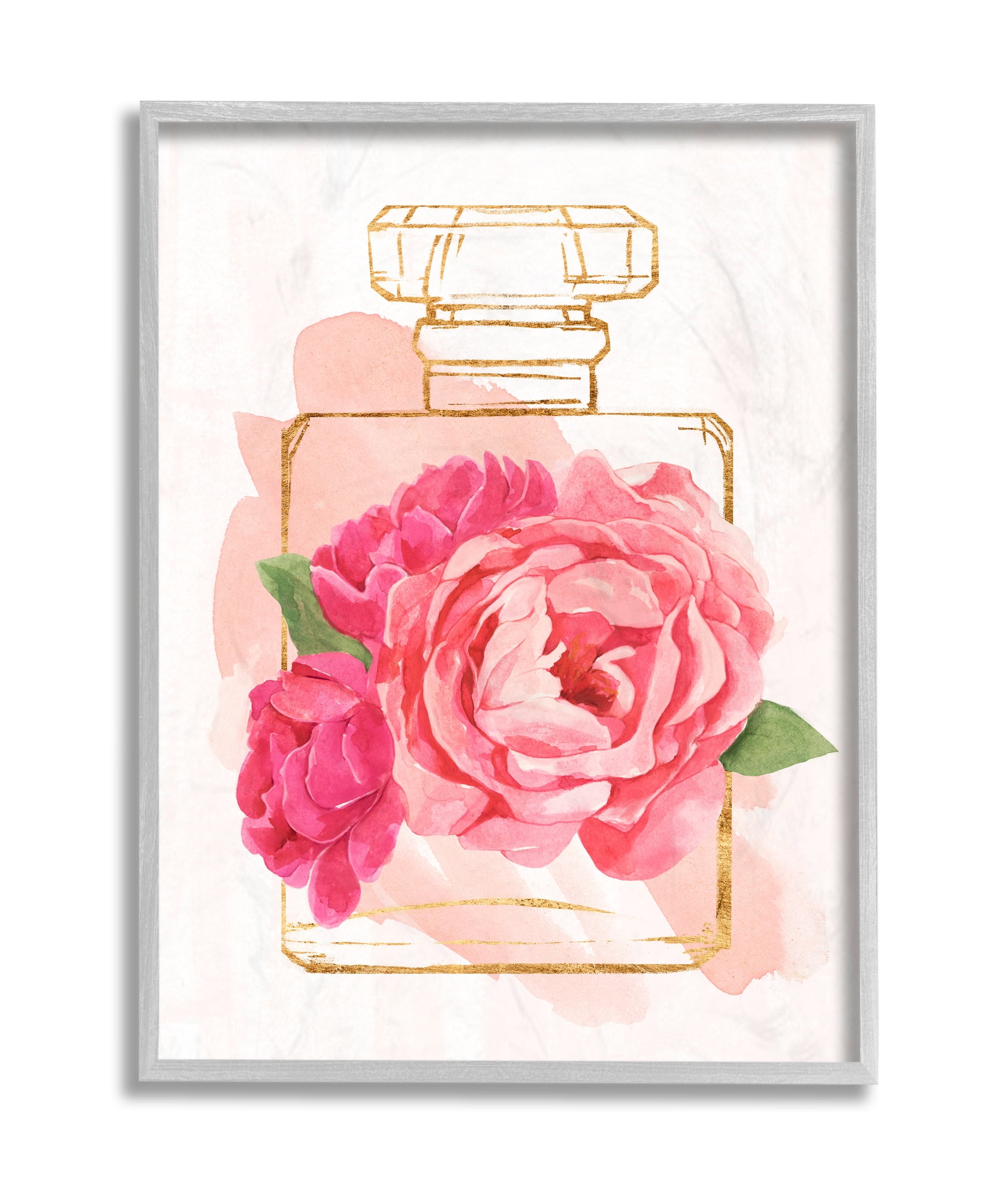 Stupell Industries Golden Perfume Bottle Glam Pink Floral Bloom Grey Framed, 11 x 14, Design by Annie Warren