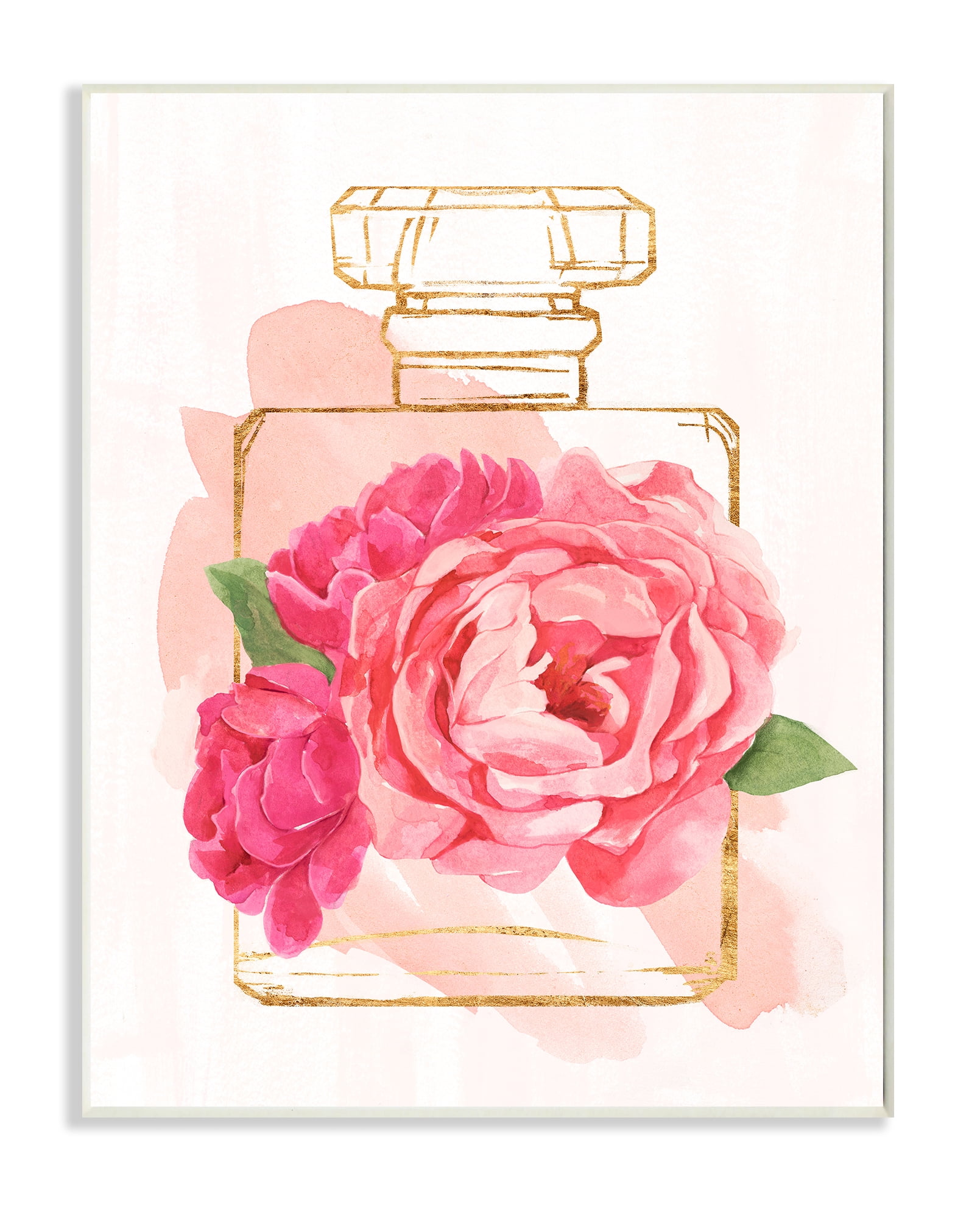 Stupell Industries Golden Perfume Bottle Glam Pink Floral Bloom Wall Plaque, 13 x 19, Design by Annie Warren