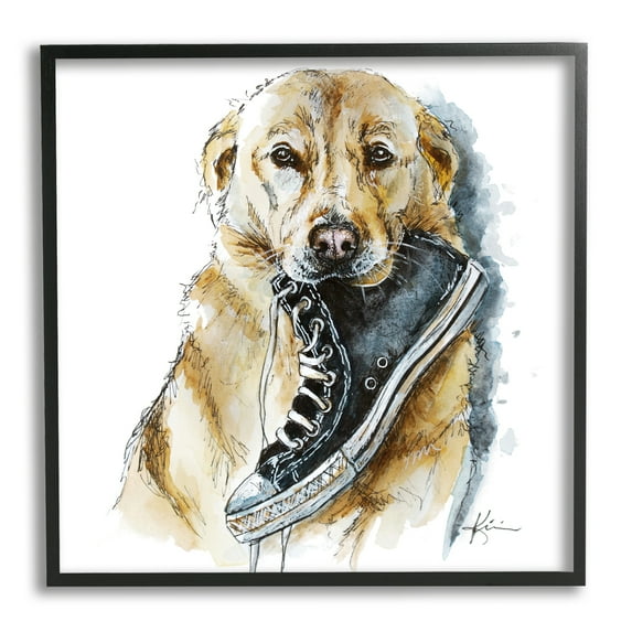 Stupell Industries Golden Retriever Biting Sneaker Animals & Insects Painting Black Framed Art Print Wall Art