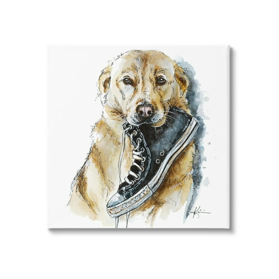 Stupell Industries Golden Retriever Biting Sneaker Animals & Insects Painting Gallery Wrapped Canvas Print Wall Art