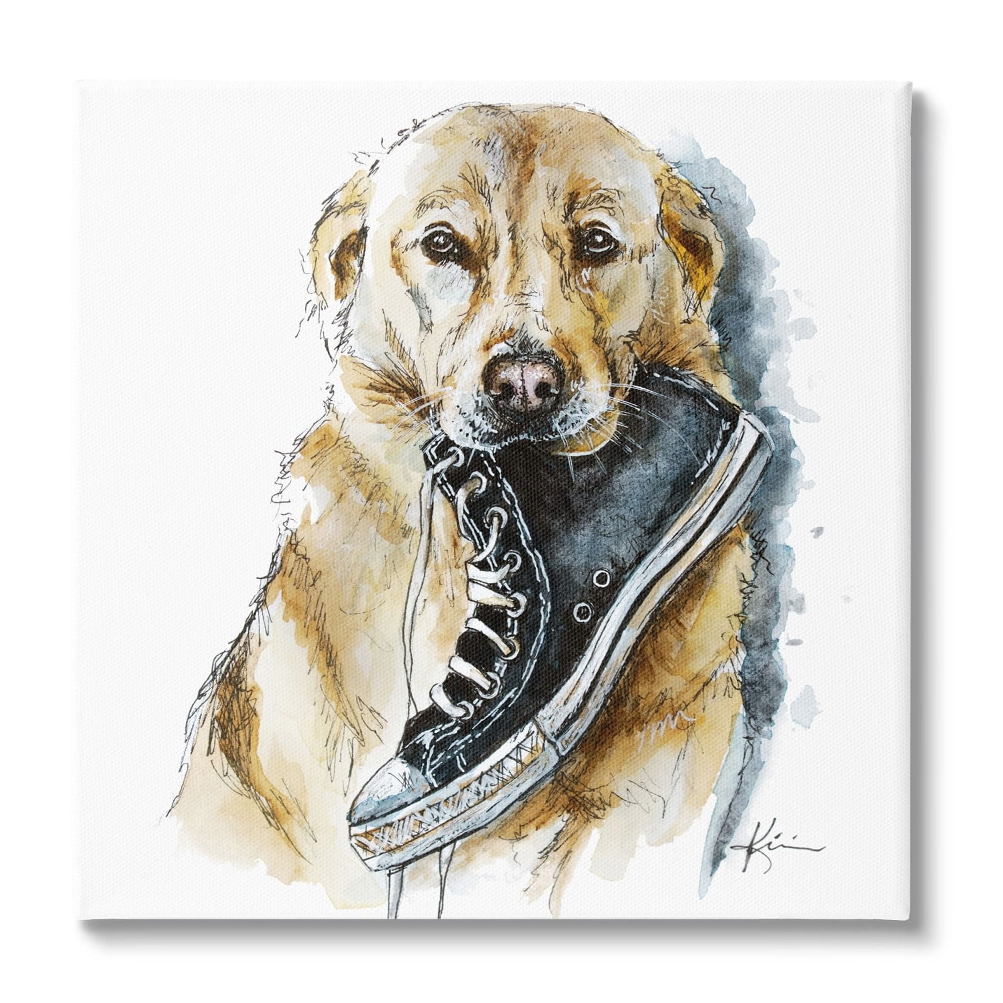Stupell Industries Golden Retriever Biting Sneaker Animals & Insects Painting Gallery Wrapped Canvas Print Wall Art