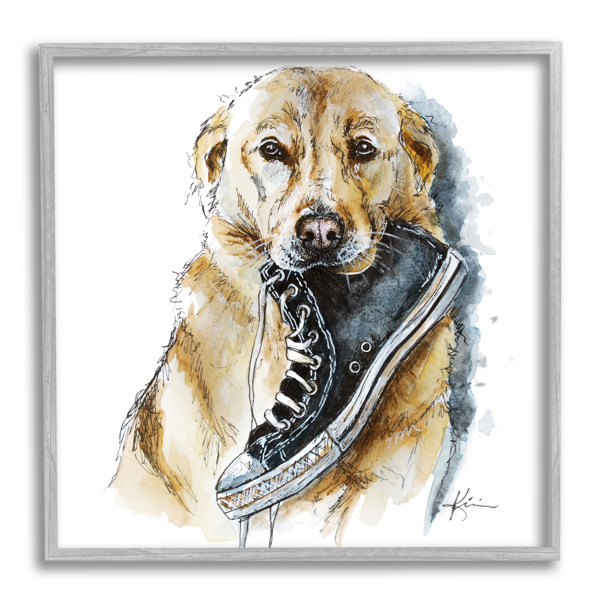 Stupell Industries Golden Retriever Biting Sneaker Animals & Insects Painting Gray Framed Art Print Wall Art