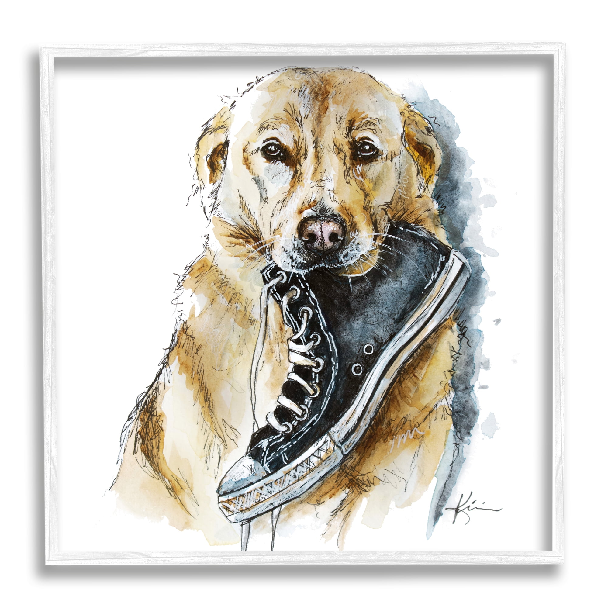 Stupell Industries Golden Retriever Biting Sneaker Animals & Insects Painting White Framed Art Print Wall Art