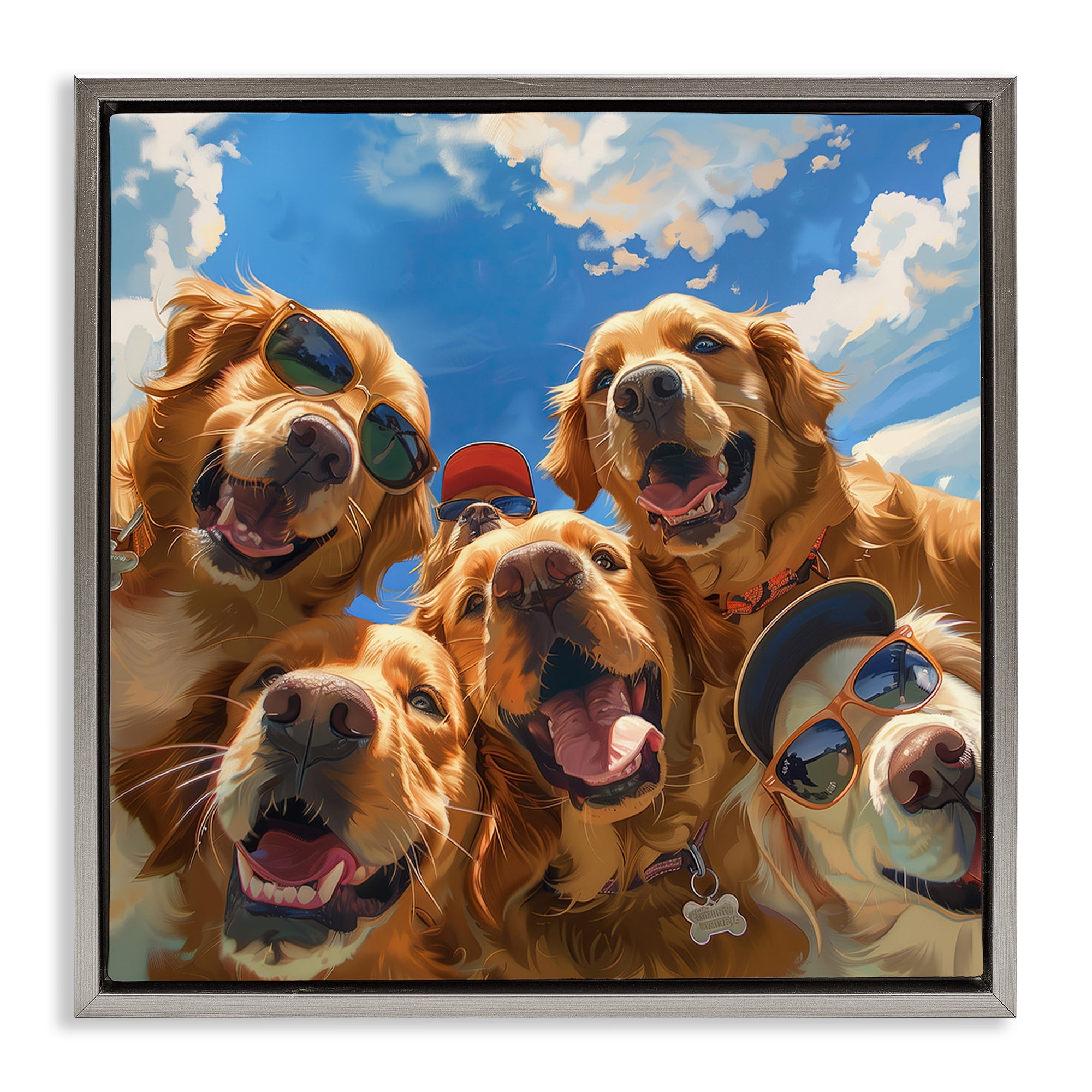 Stupell Industries Golden Retriever Group Selfie Animals Painting Gray Floater Framed Canvas Art Print Wall Art, 25 x 25
