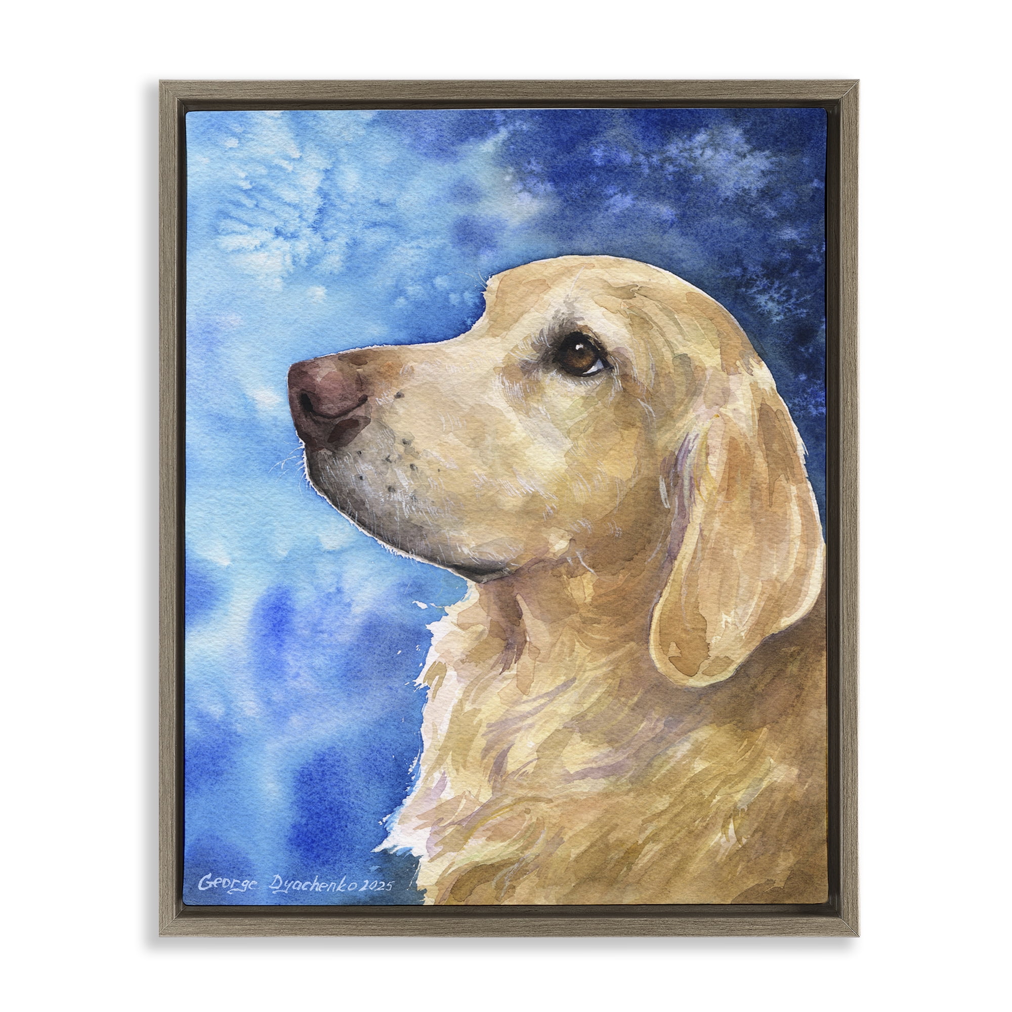 Stupell Industries Golden Retriever Portrait on Azure Brown Framed Floater Canvas Wall Art, design by George Dyachenko