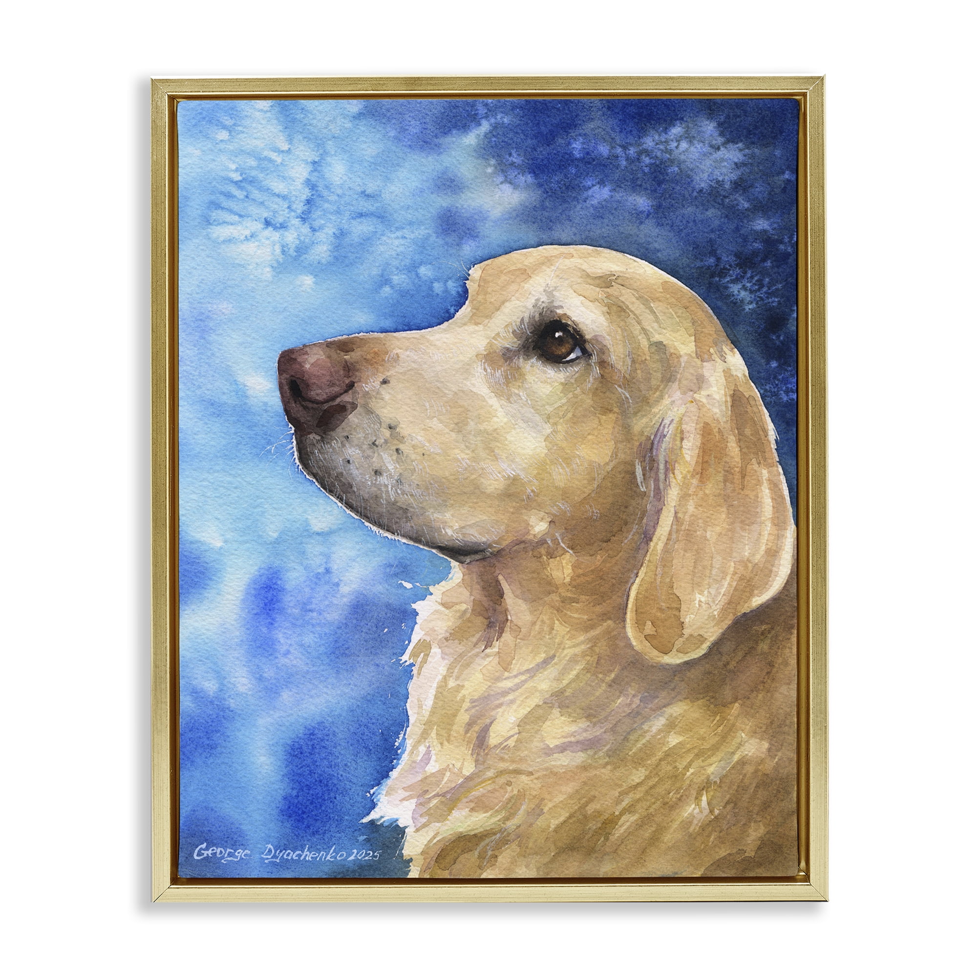 Stupell Industries Golden Retriever Portrait on Azure Gold Framed Floater Canvas Wall Art, design by George Dyachenko