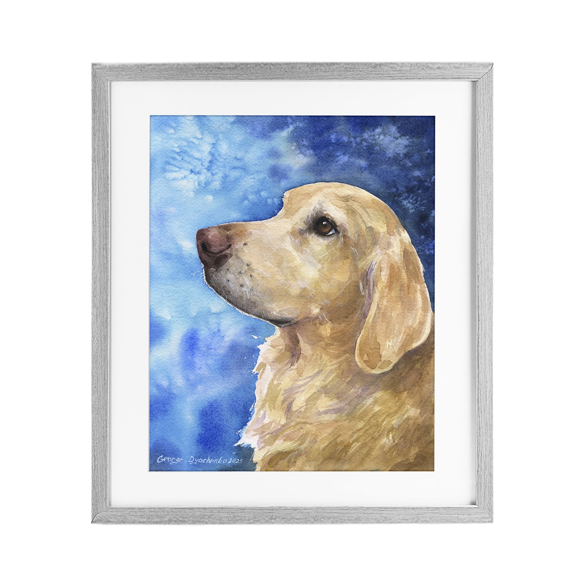 Stupell Industries Golden Retriever Portrait on Azure Gray Framed Print Under Glass, design by George Dyachenko