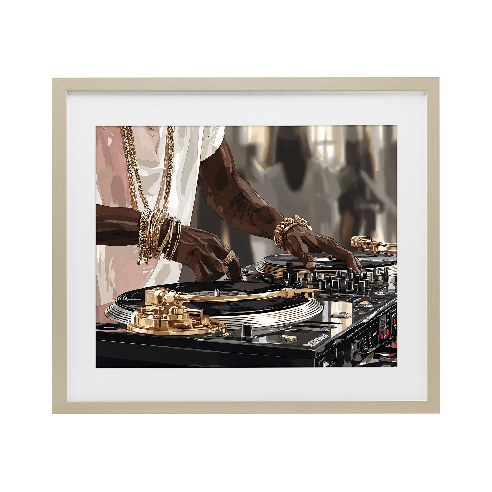 Stupell Industries Golden Sound DJ Turntables Birch Framed Print Under Glass, design by Franklyn Gregory