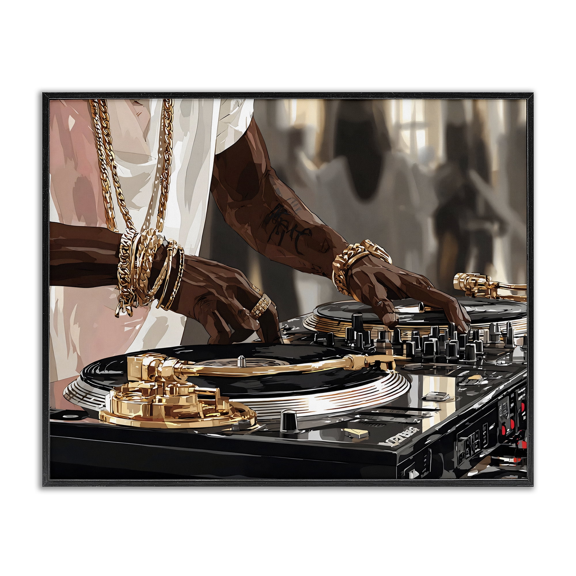 Stupell Industries Golden Sound DJ Turntables Black Framed Giclee Art, design by Franklyn Gregory