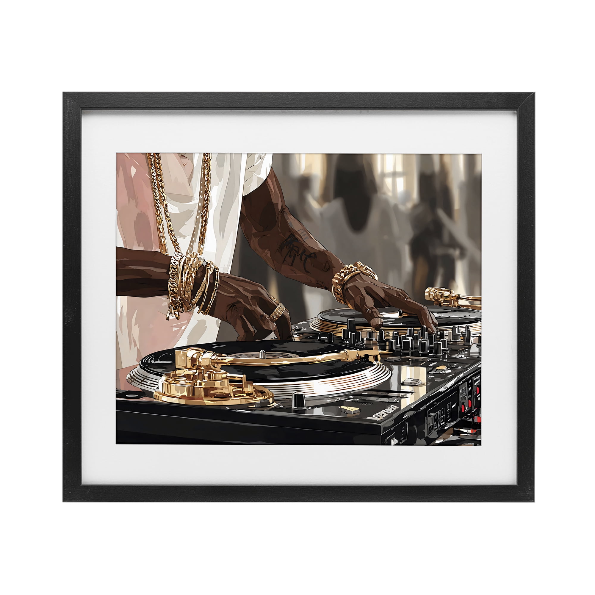 Stupell Industries Golden Sound DJ Turntables Black Framed Print Under Glass, design by Franklyn Gregory