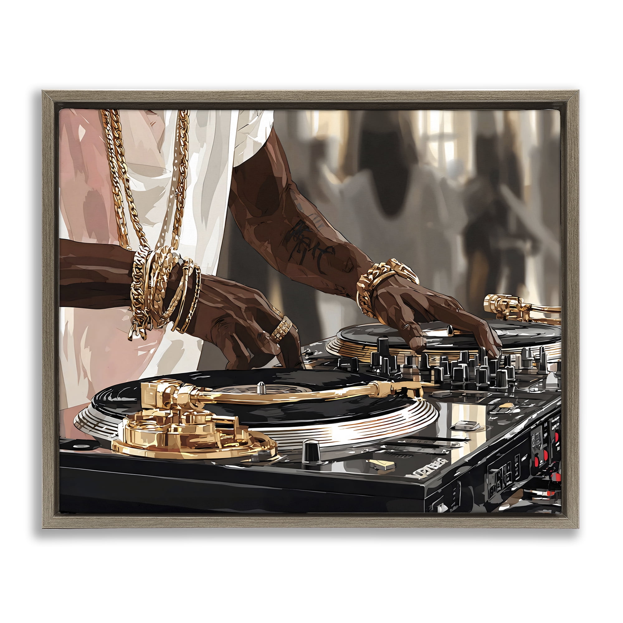 Stupell Industries Golden Sound DJ Turntables Brown Framed Floater Canvas Wall Art, design by Franklyn Gregory