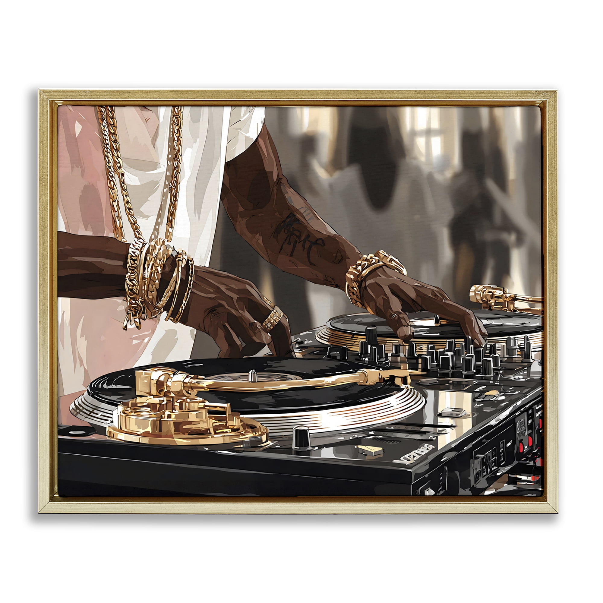Stupell Industries Golden Sound DJ Turntables Gold Framed Floater Canvas Wall Art, design by Franklyn Gregory