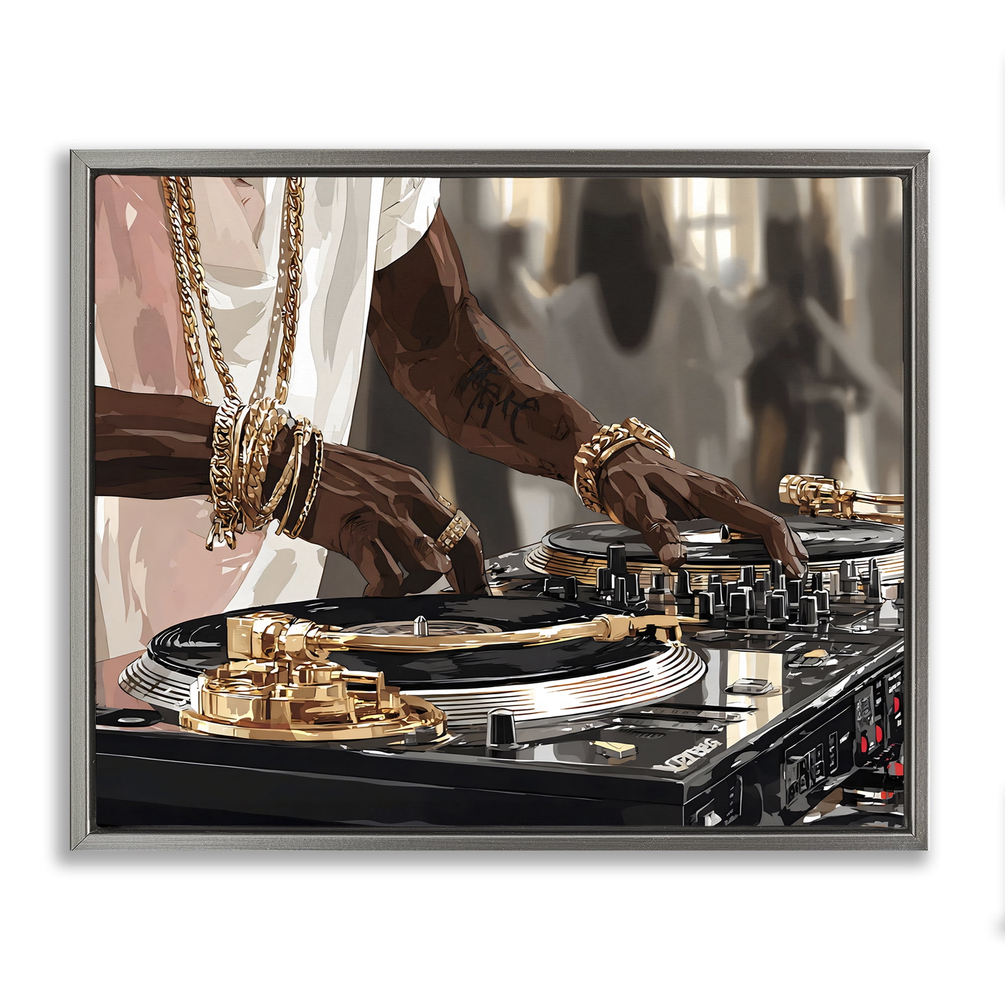 Stupell Industries Golden Sound DJ Turntables Gray Framed Floater Canvas Wall Art, design by Franklyn Gregory
