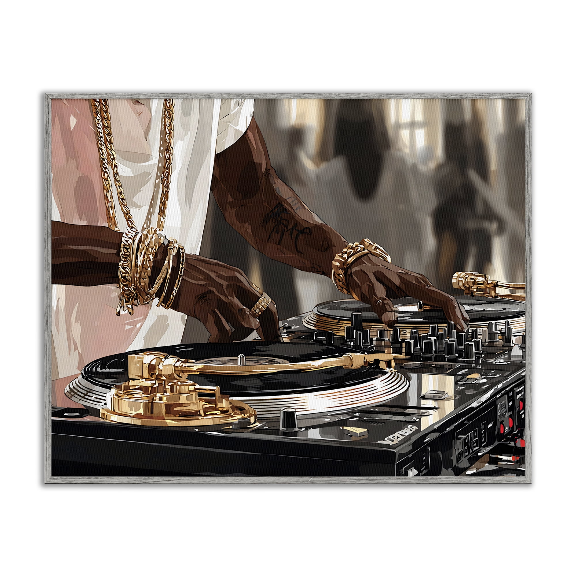 Stupell Industries Golden Sound DJ Turntables Gray Framed Giclee Art, design by Franklyn Gregory