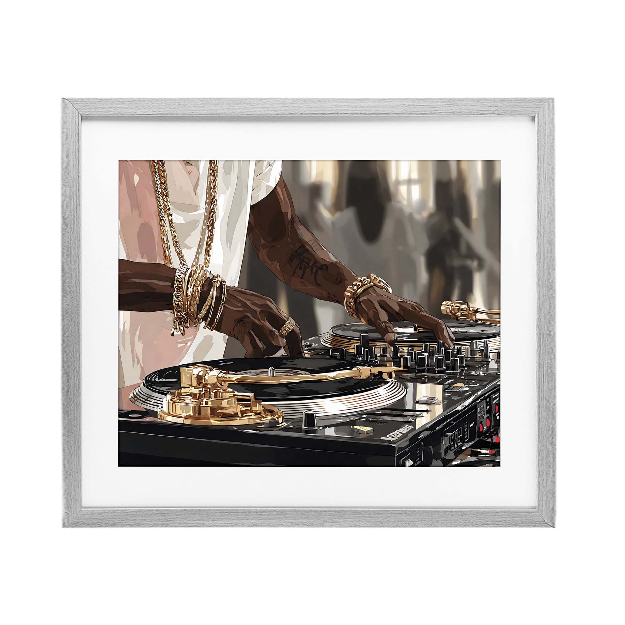 Stupell Industries Golden Sound DJ Turntables Gray Framed Print Under Glass, design by Franklyn Gregory