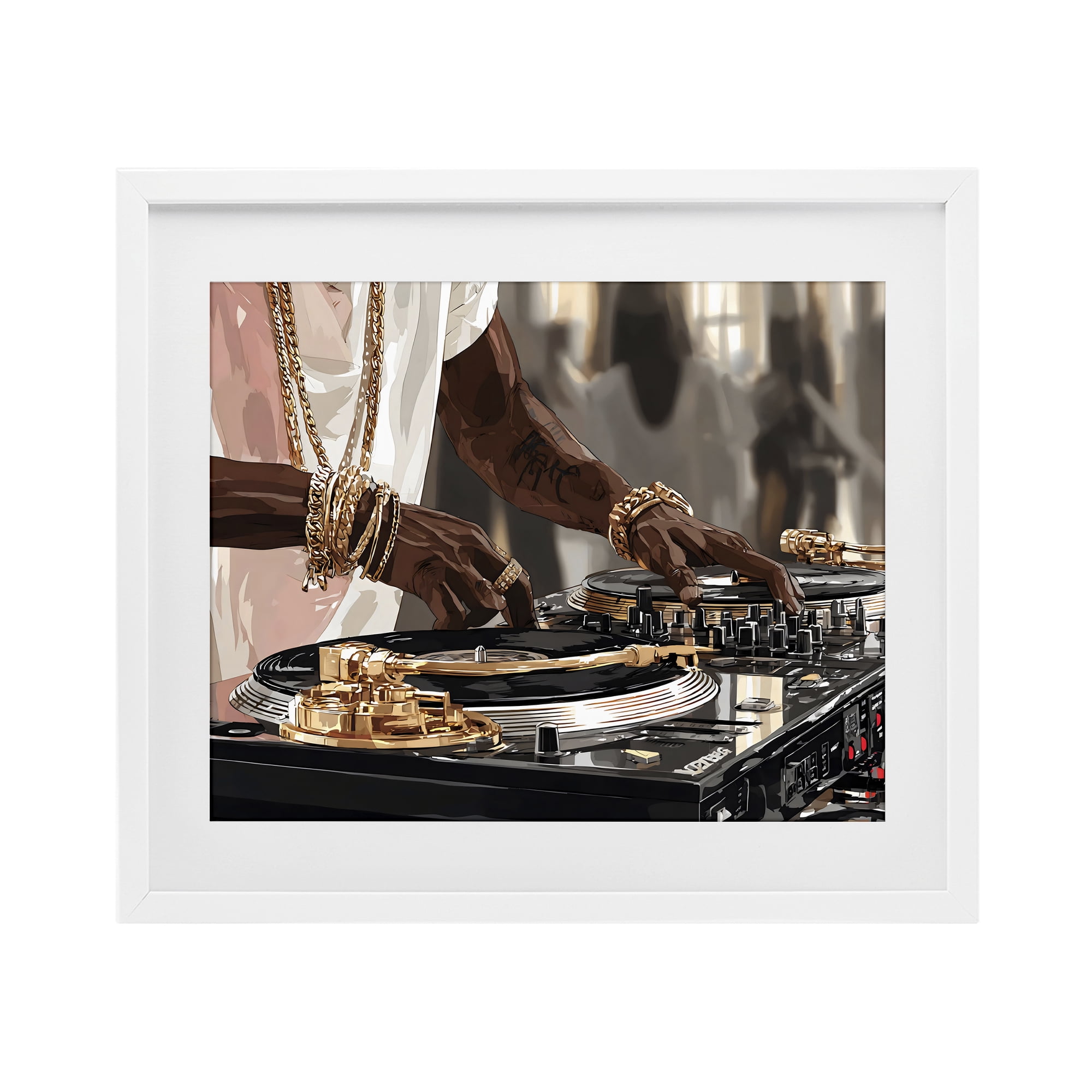 Stupell Industries Golden Sound DJ Turntables White Framed Print Under Glass, design by Franklyn Gregory