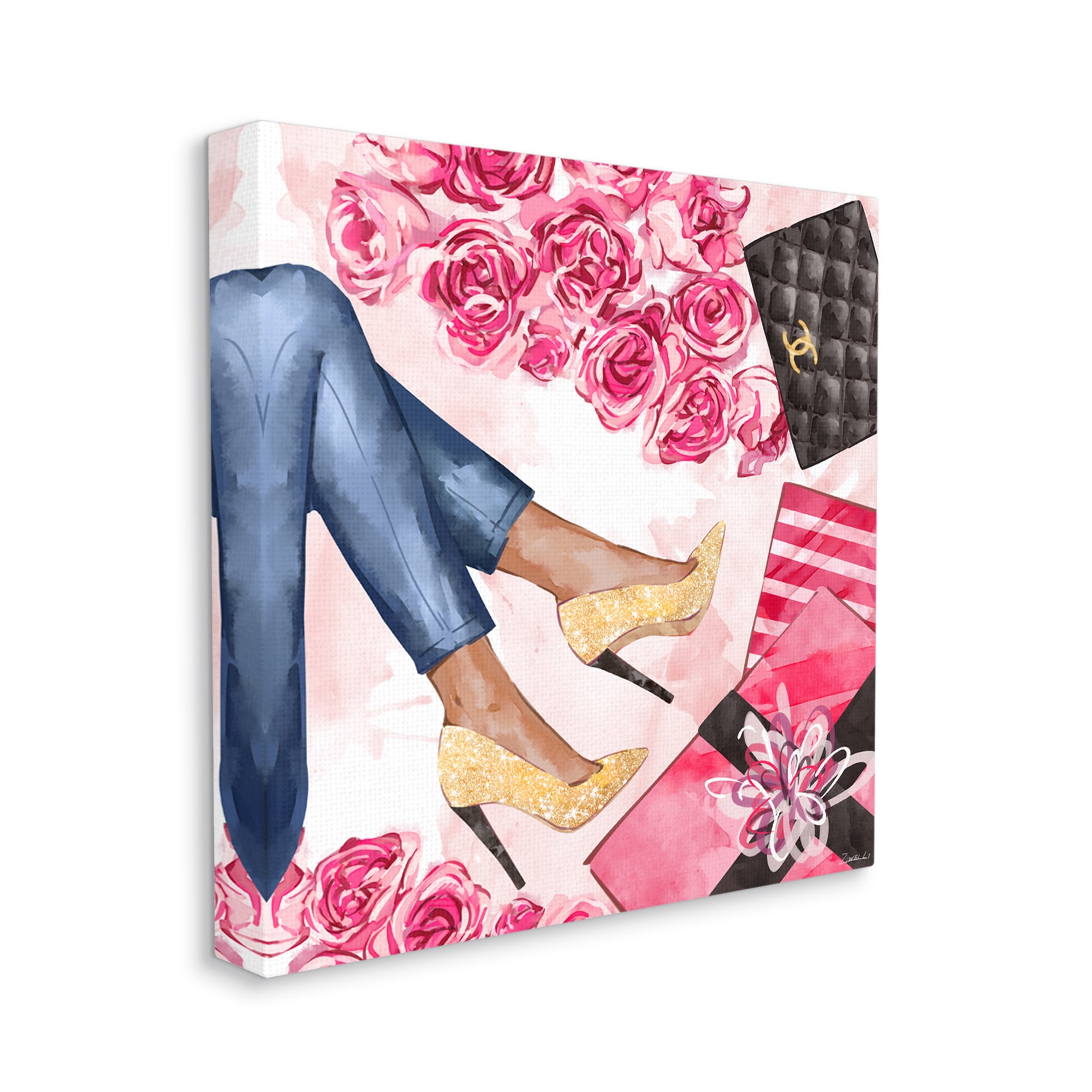 Stupell Industries Golden Sparkle Heels Wrapped Presents Pink Florals Canvas Wall Art, 36 x 36, Design by Ziwei Li
