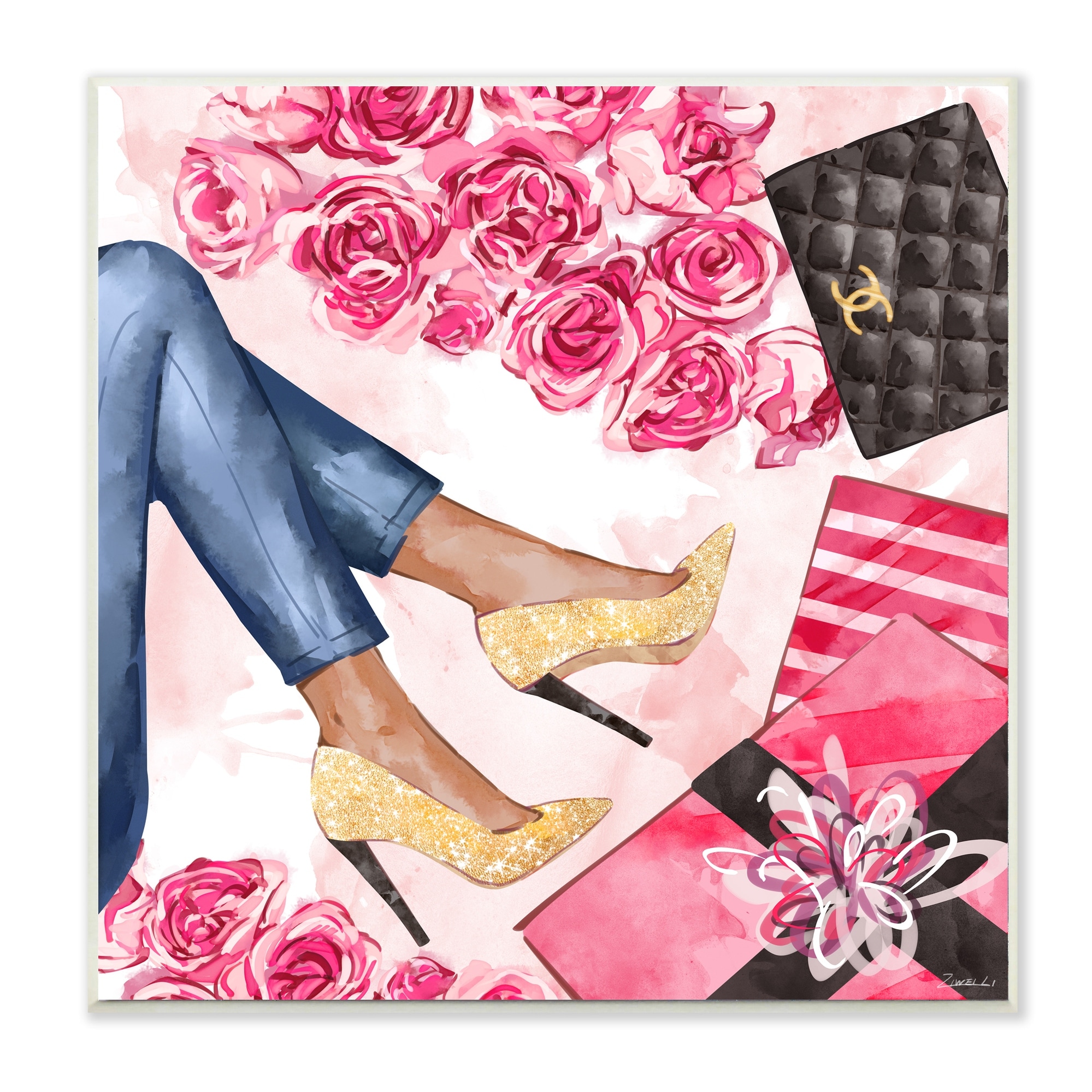 Stupell Industries Golden Sparkle Heels Wrapped Presents Pink Florals Wall Plaque, 12 x 12, Design by Ziwei Li