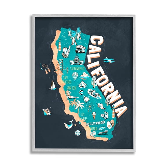 Stupell Industries Golden State Touristic Iconographic Landmarks Map,11 x 14, Design by Ziwei Li