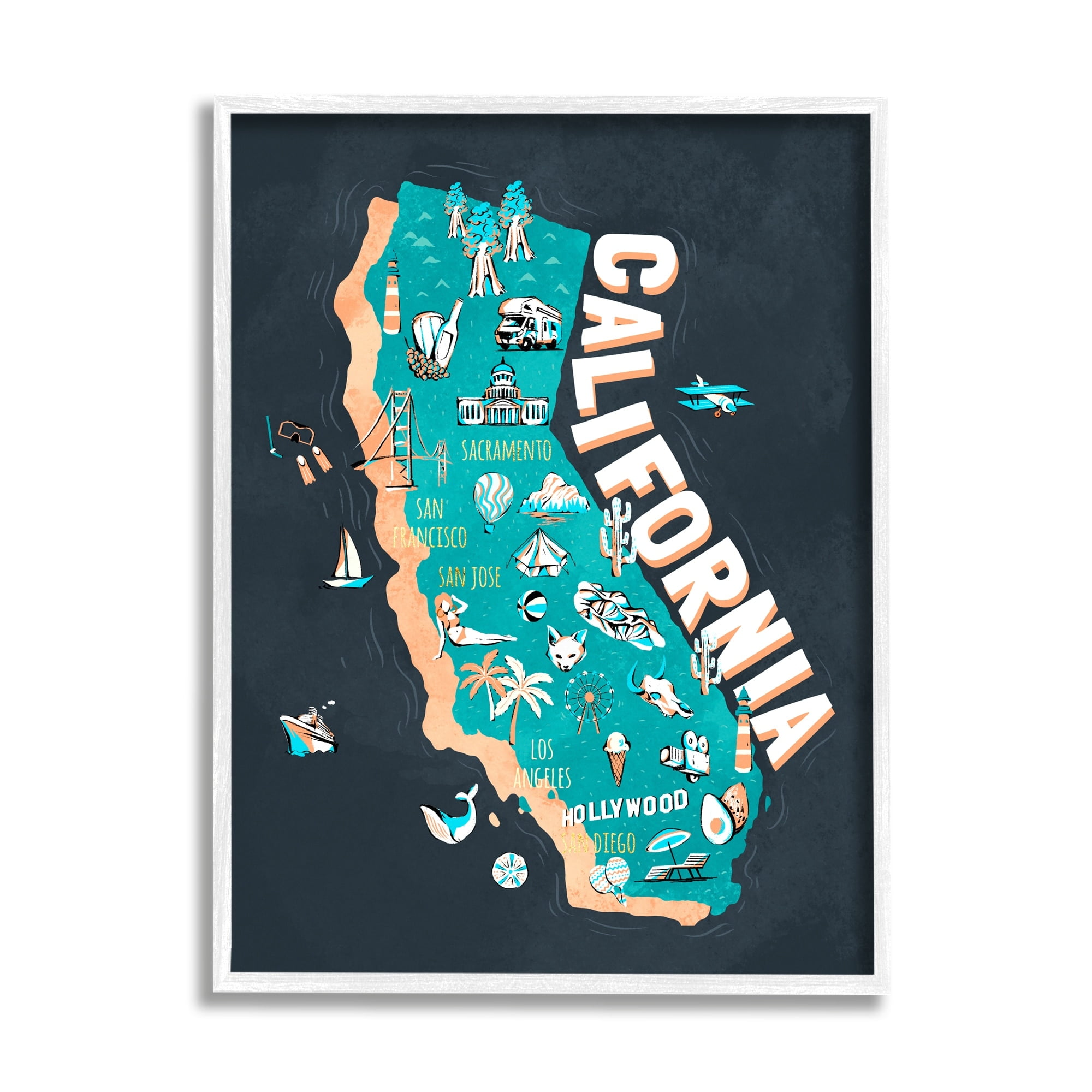 Stupell Industries Golden State Touristic Iconographic Landmarks Map,11 x 14, Design by Ziwei Li