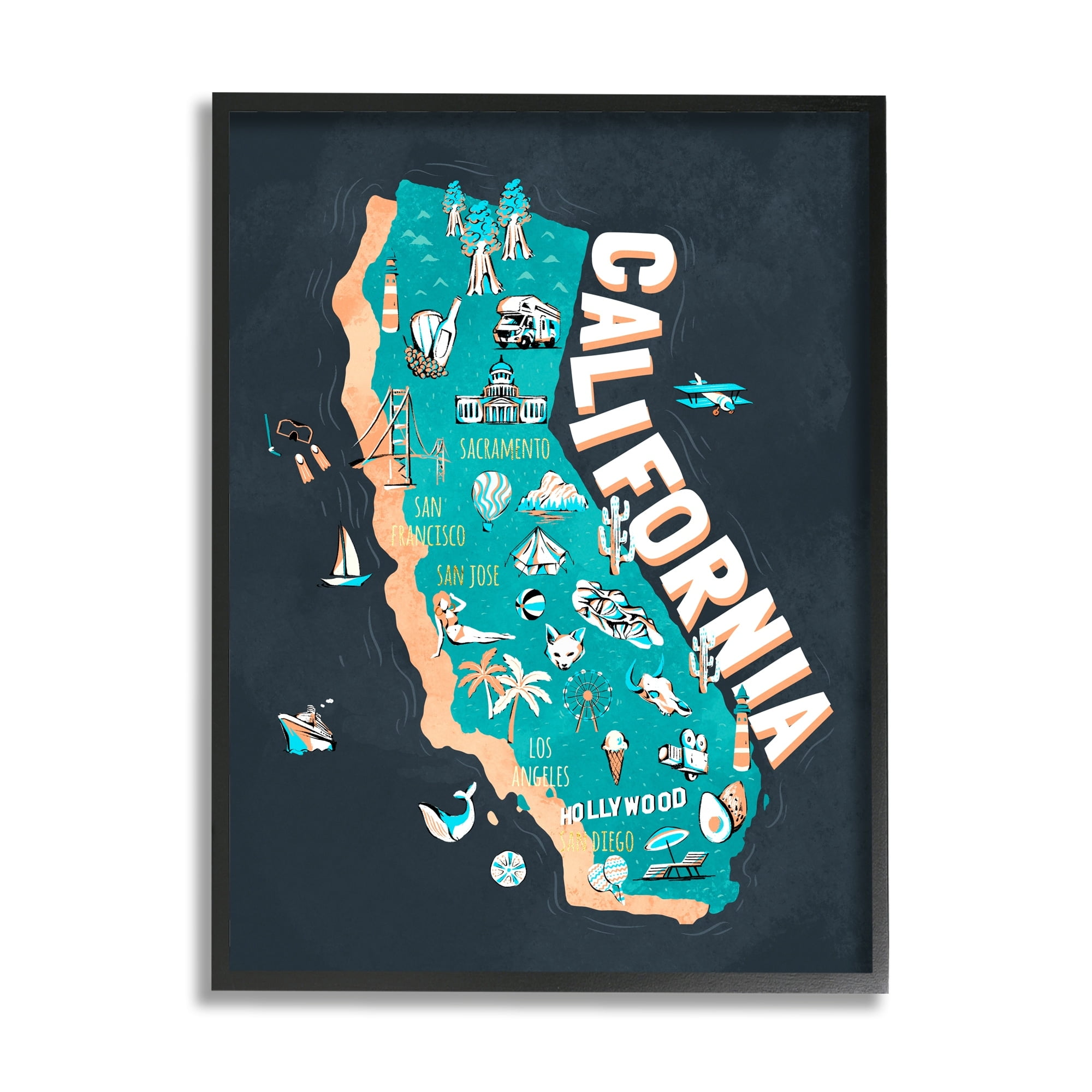 Stupell Industries Golden State Touristic Iconographic Landmarks Map,11 x 14, Design by Ziwei Li