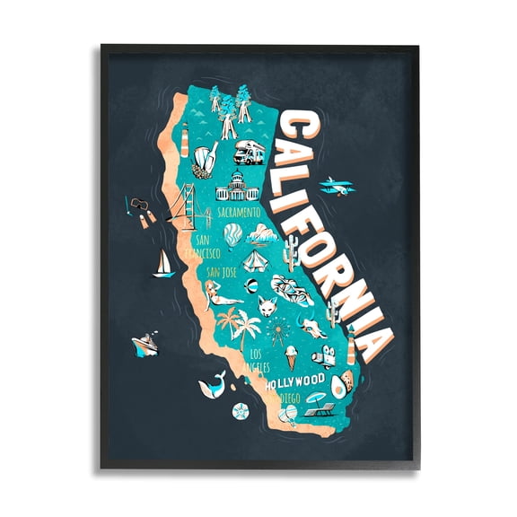 Stupell Industries Golden State Touristic Iconographic Landmarks Map,11 x 14, Design by Ziwei Li