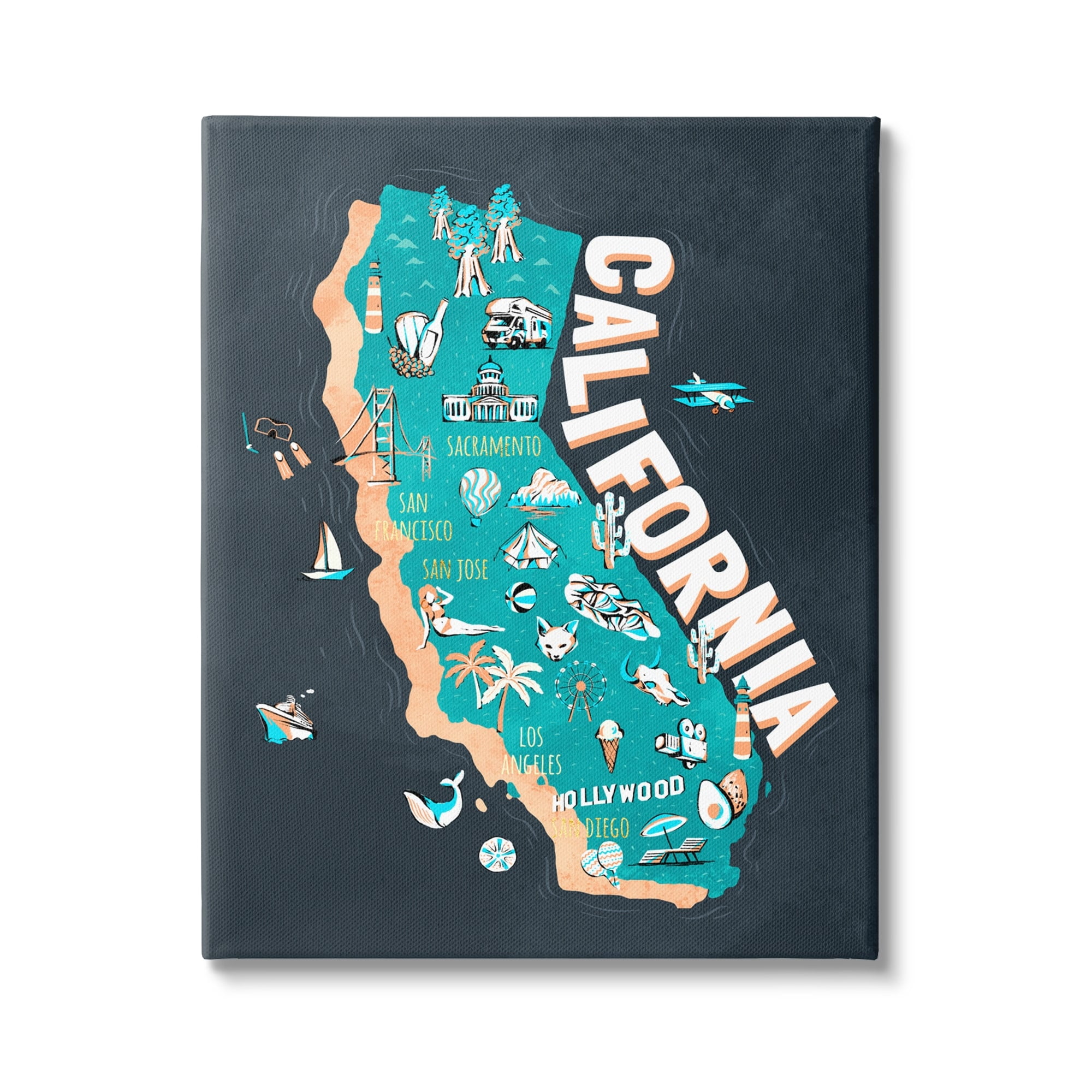 Stupell Industries Golden State Touristic Iconographic Landmarks Map,16 x 20, Design by Ziwei Li