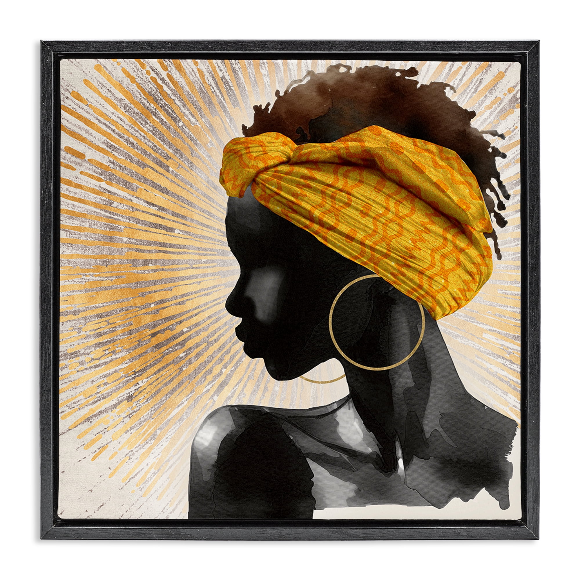Stupell Industries Golden Sunburst Profile with Headwrap Black Framed Floater Canvas Wall Art, design by CAD Designs