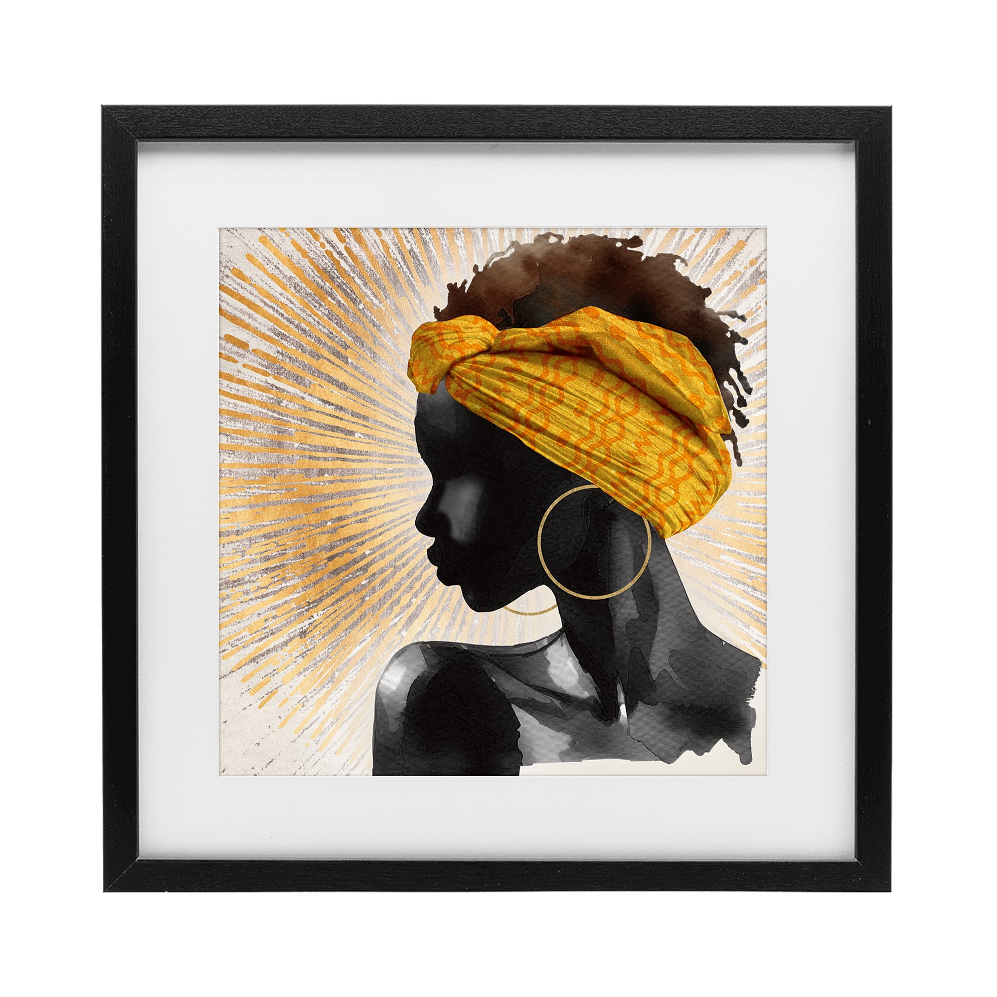 Stupell Industries Golden Sunburst Profile with Headwrap Black Framed Print Under Glass, design by CAD Designs