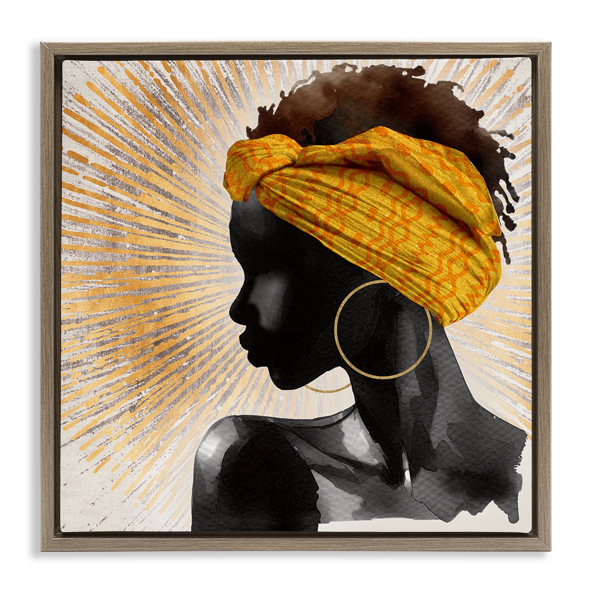 Stupell Industries Golden Sunburst Profile with Headwrap Brown Framed Floater Canvas Wall Art, design by CAD Designs