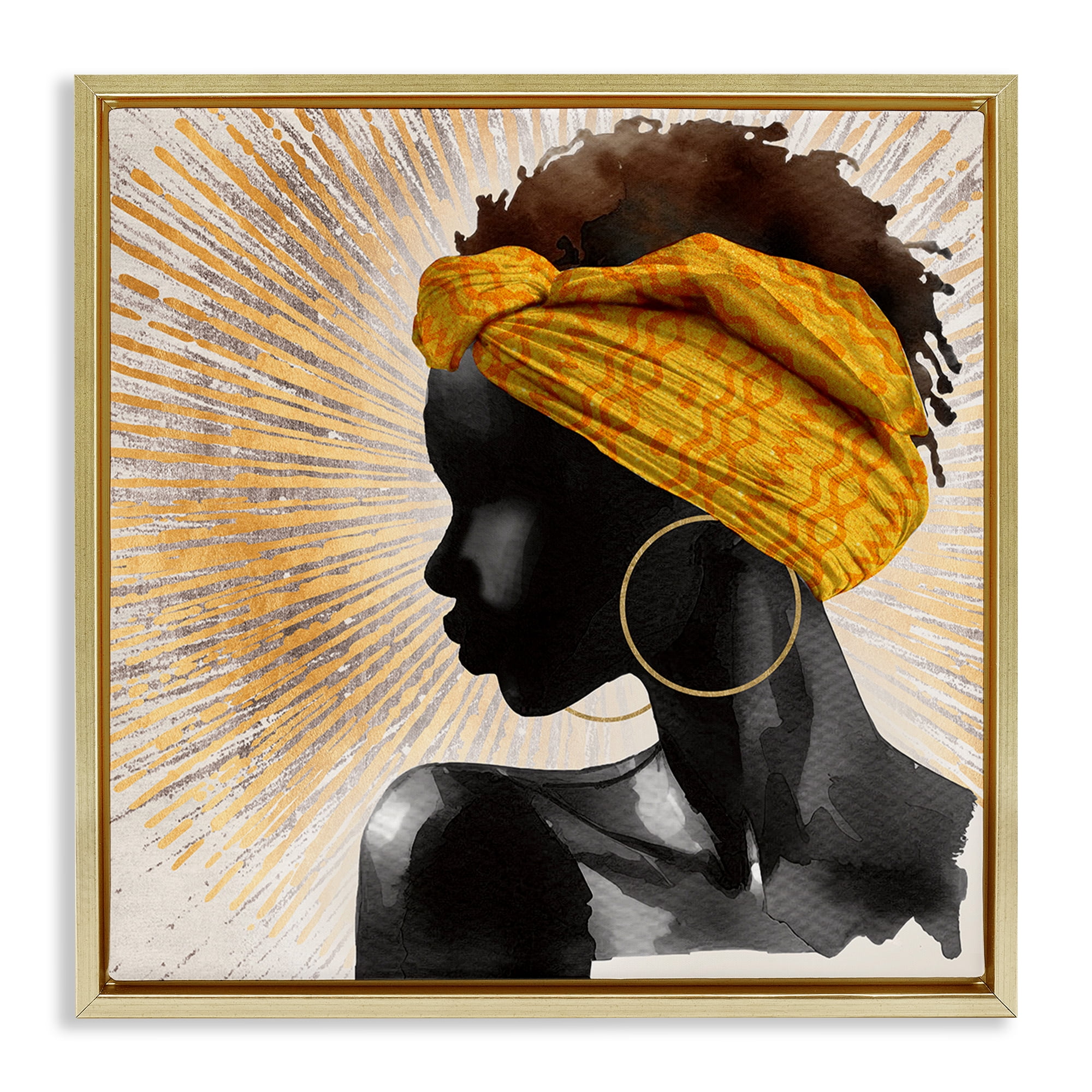 Stupell Industries Golden Sunburst Profile with Headwrap Gold Framed Floater Canvas Wall Art, design by CAD Designs