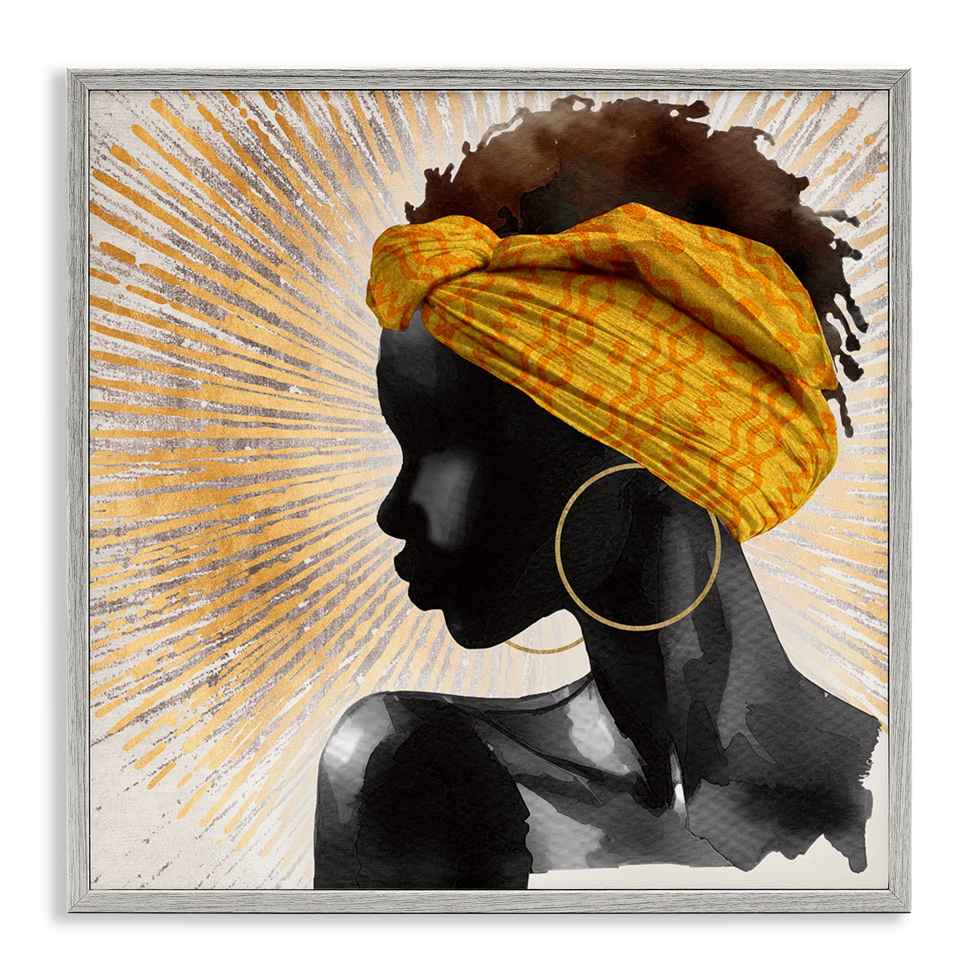Stupell Industries Golden Sunburst Profile with Headwrap Gray Framed Giclee Art, design by CAD Designs