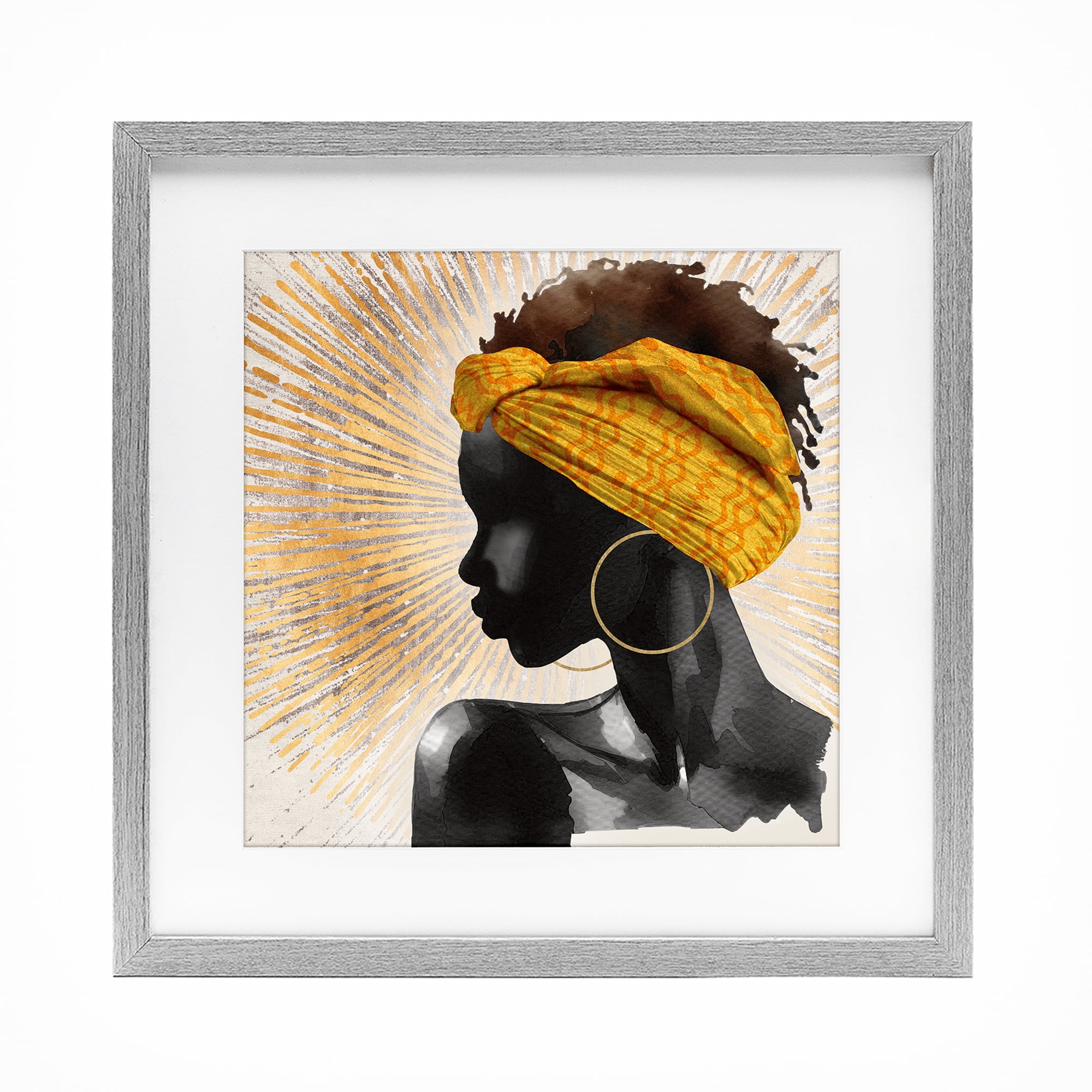 Stupell Industries Golden Sunburst Profile with Headwrap Gray Framed Print Under Glass, design by CAD Designs