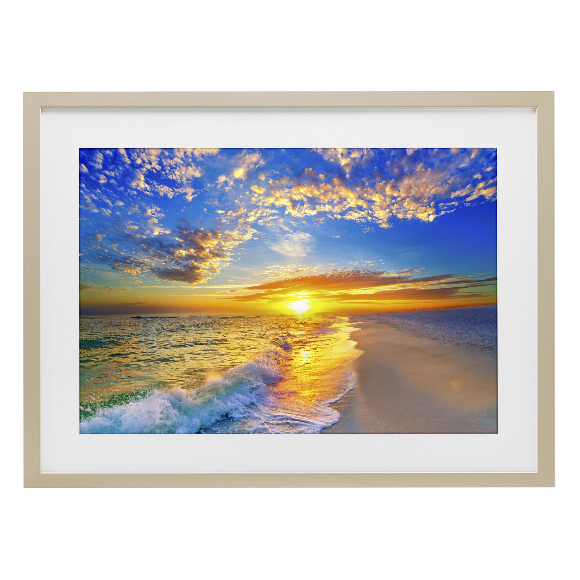 Stupell Industries Golden Sunset Beach Blue Sky Birch Framed Print Under Glass, design by Eszra Tanner