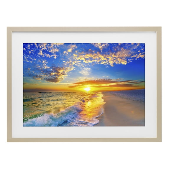 Stupell Industries Coastal Golden Sunset Beach Blue Sky Birch Framed Print Under Glass, 23 x 17, by Eszra Tanner