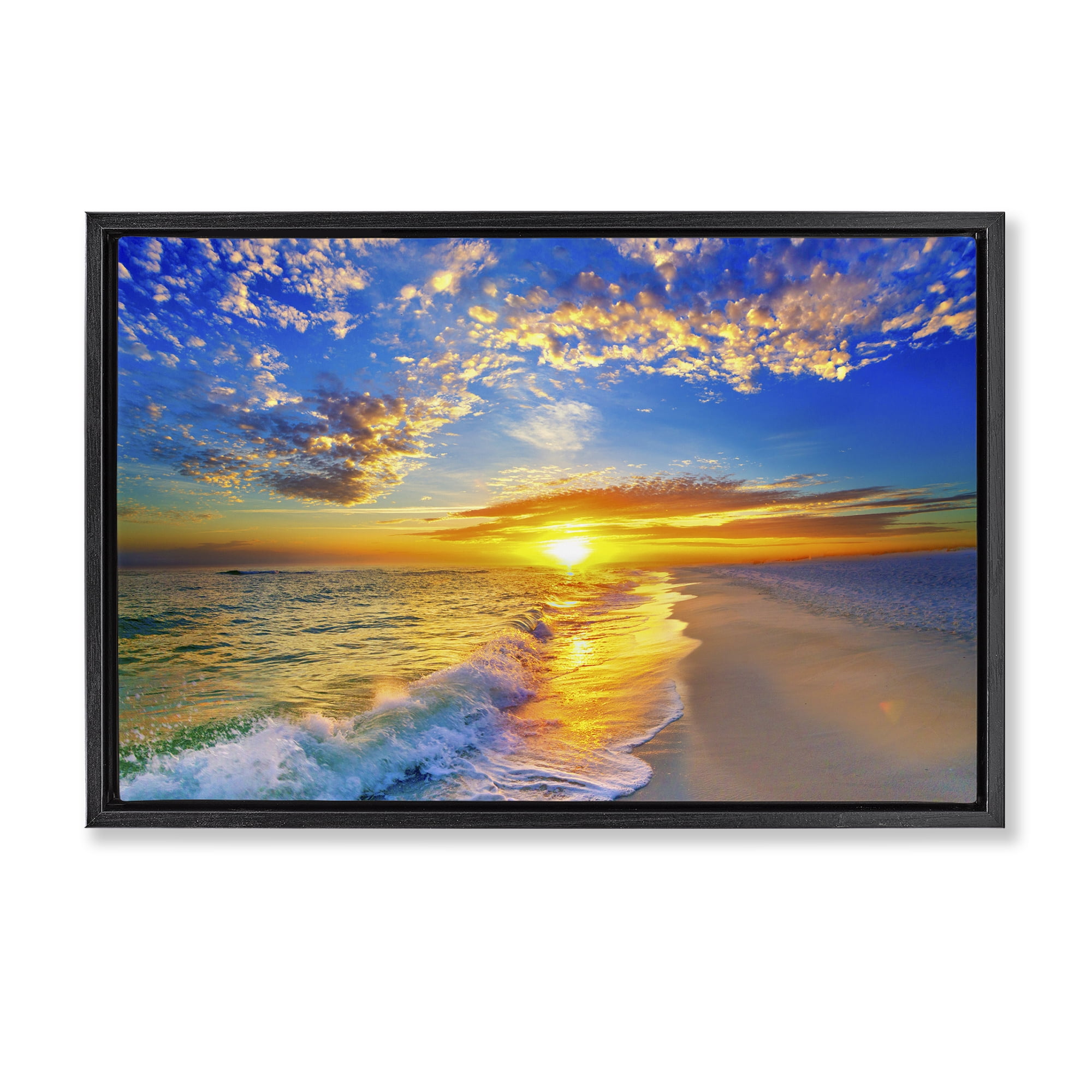 Stupell Industries Golden Sunset Beach Blue Sky Black Framed Floater Canvas Wall Art, design by Eszra Tanner