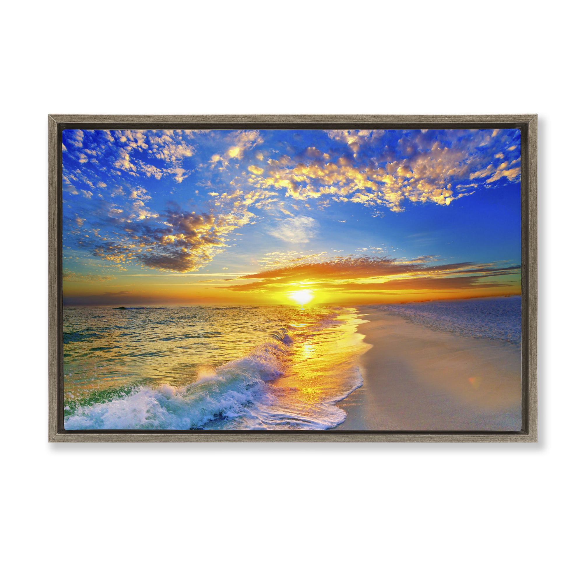 Stupell Industries Golden Sunset Beach Blue Sky Brown Framed Floater Canvas Wall Art, design by Eszra Tanner