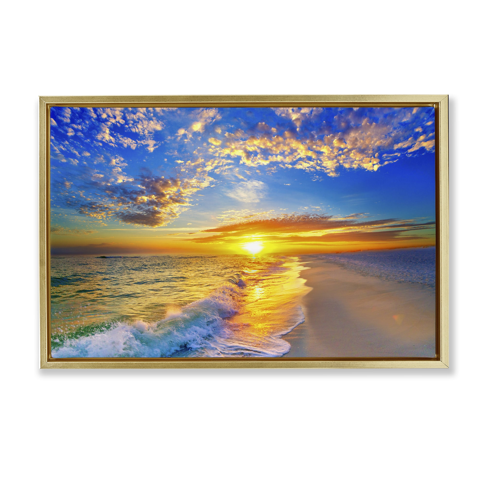 Stupell Industries Golden Sunset Beach Blue Sky Gold Framed Floater Canvas Wall Art, design by Eszra Tanner