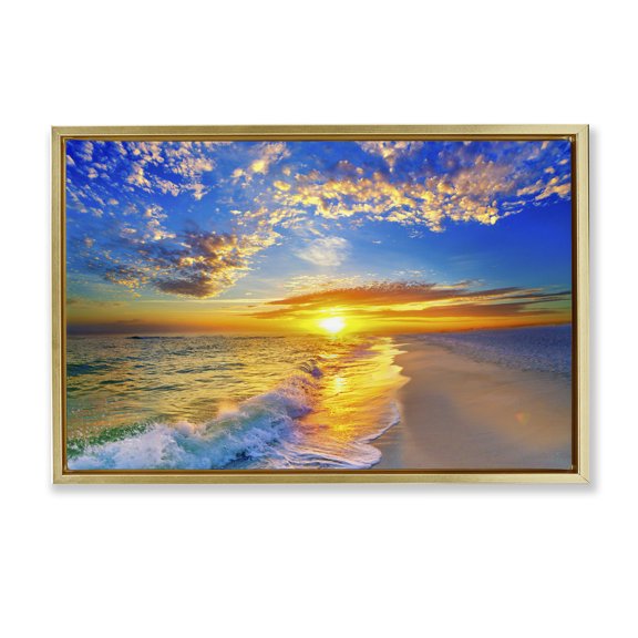 Stupell Industries Golden Sunset Beach Blue Sky Gold Framed Floater Canvas Wall Art, design by Eszra Tanner