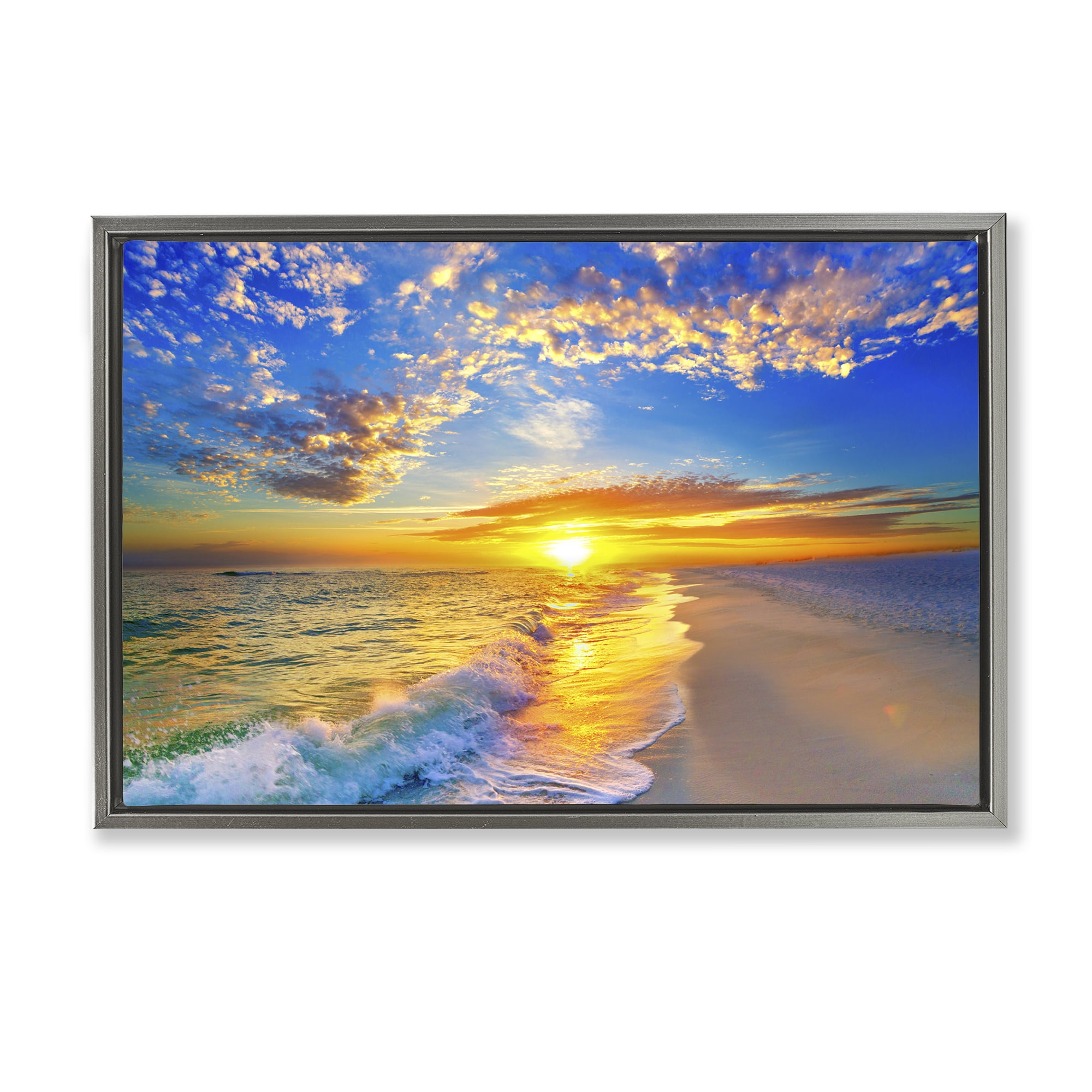Stupell Industries Golden Sunset Beach Blue Sky Gray Framed Floater Canvas Wall Art, design by Eszra Tanner