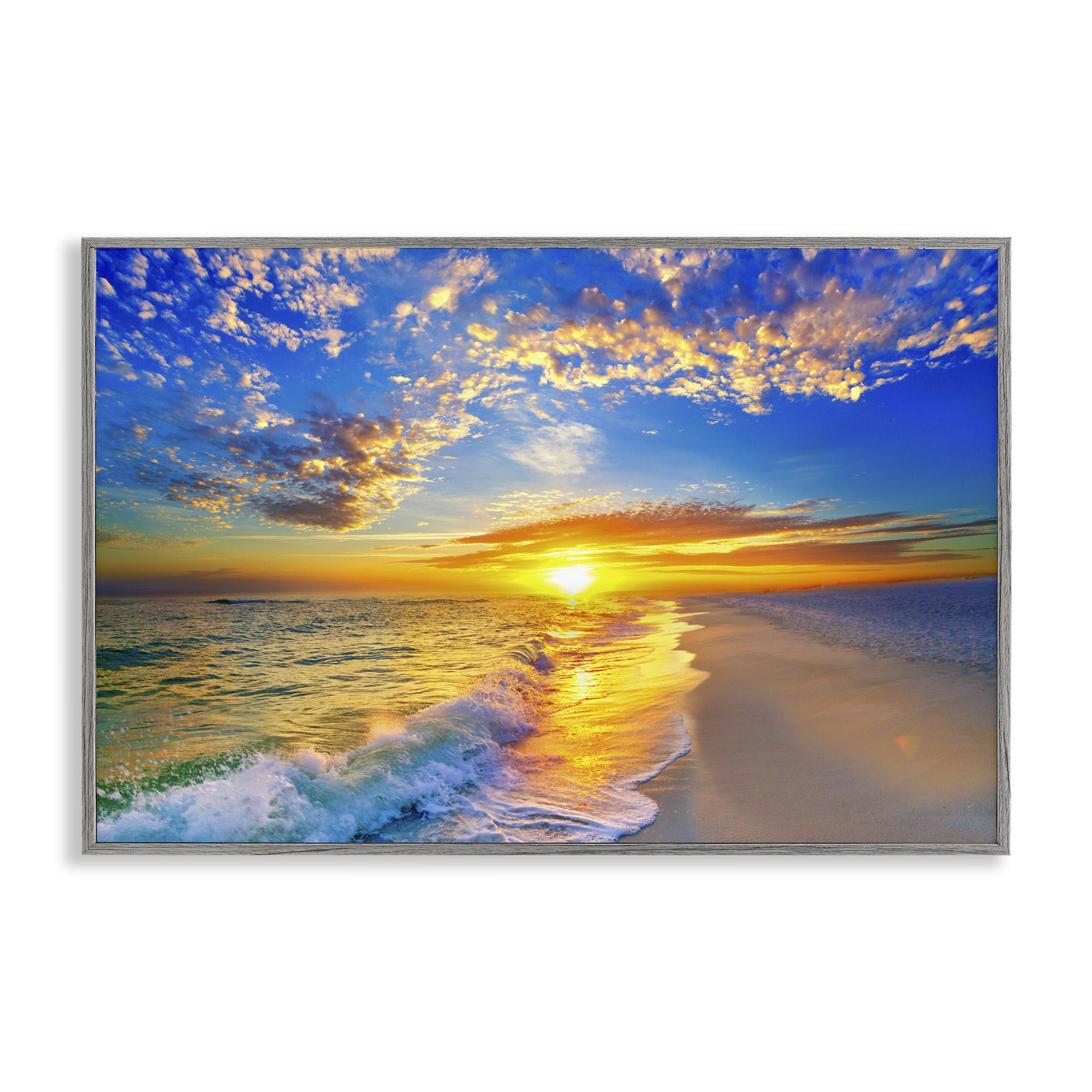 Stupell Industries Golden Sunset Beach Blue Sky Gray Framed Giclee Art, design by Eszra Tanner