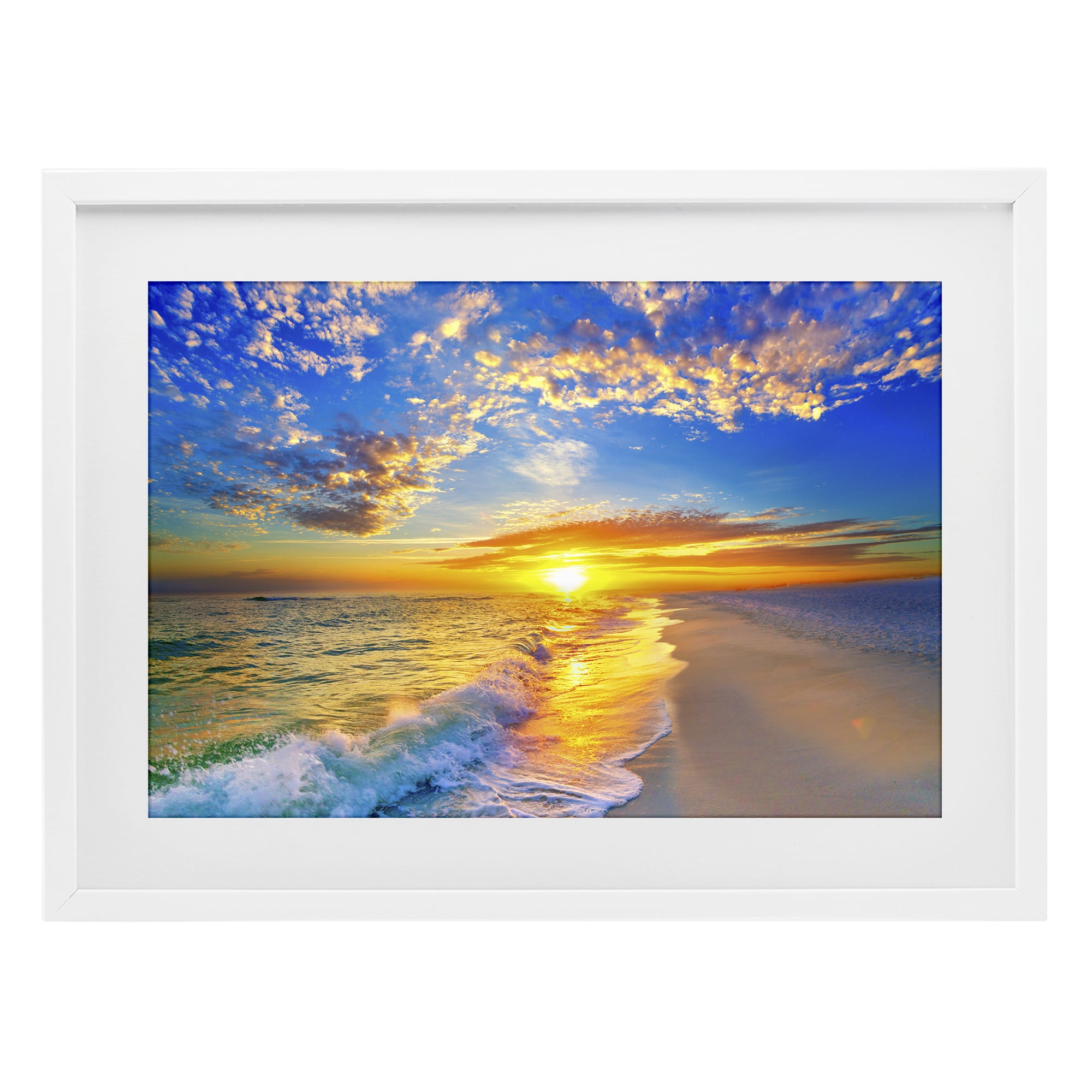 Stupell Industries Golden Sunset Beach Blue Sky White Framed Print Under Glass, design by Eszra Tanner
